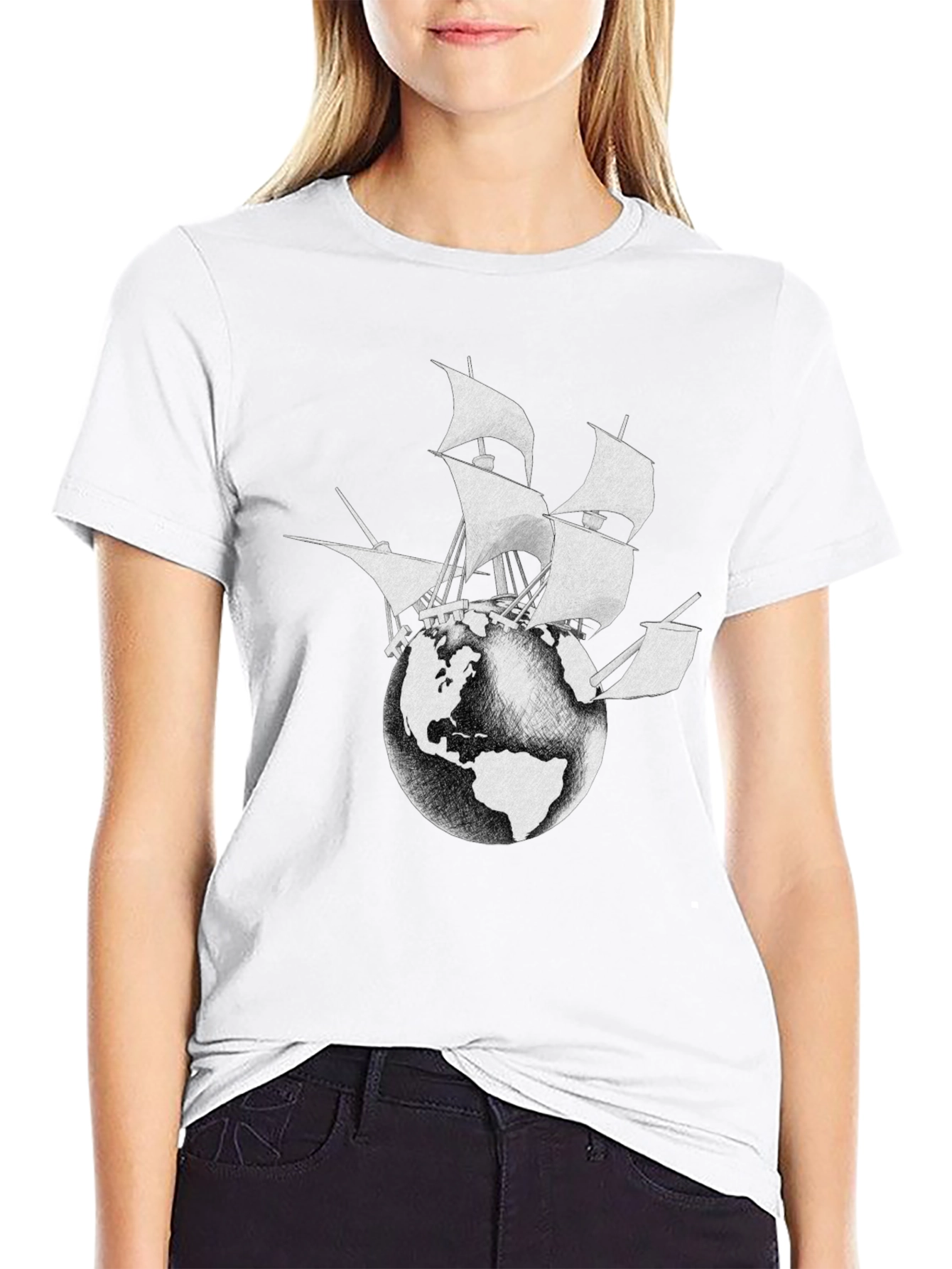 Globe Ship Graphic Tee - Black Cotton Casual Shirt