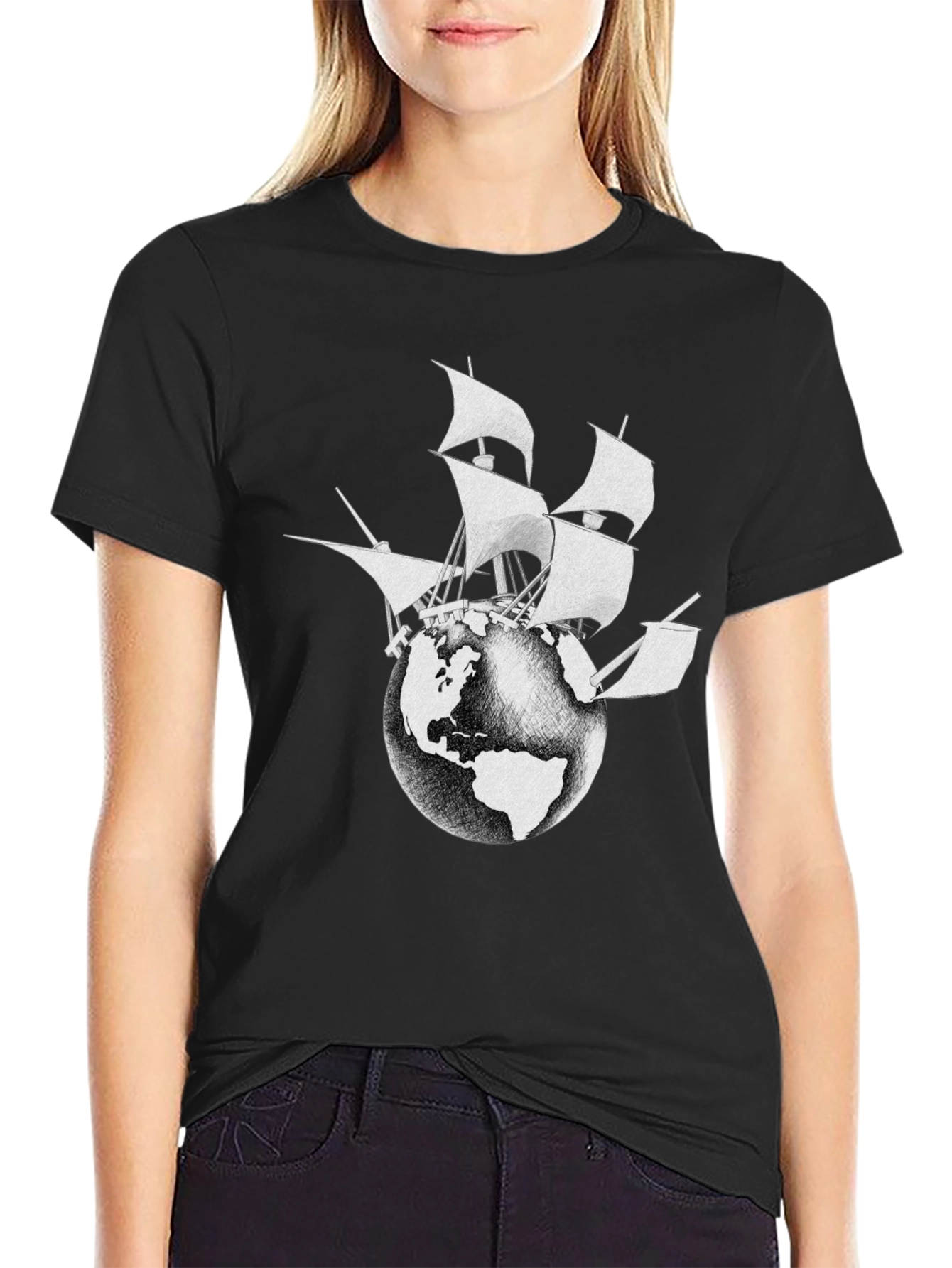 Globe Ship Graphic Tee - Black Cotton Casual Shirt