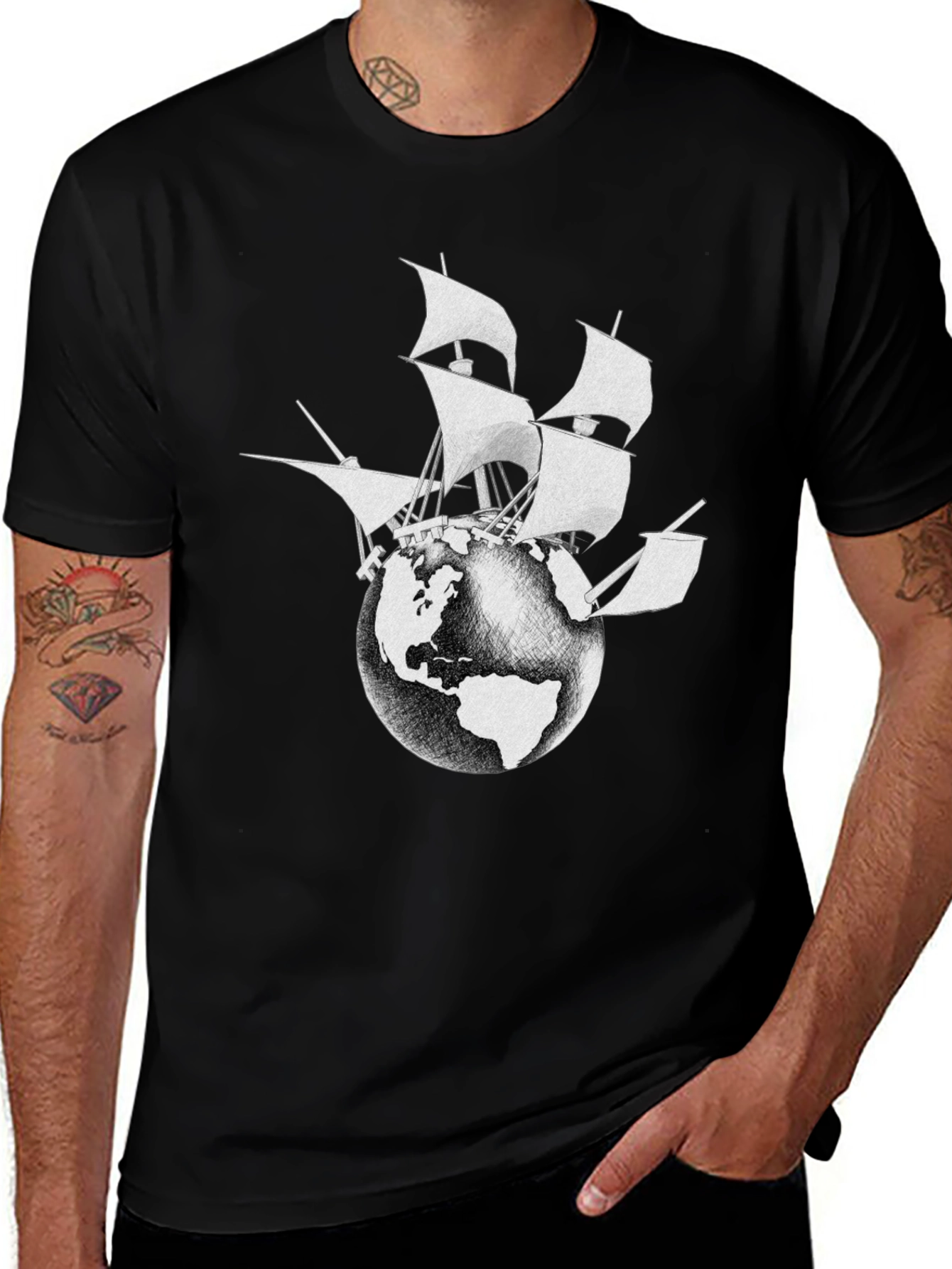 Globe Ship Graphic Tee - Black Cotton Casual Shirt