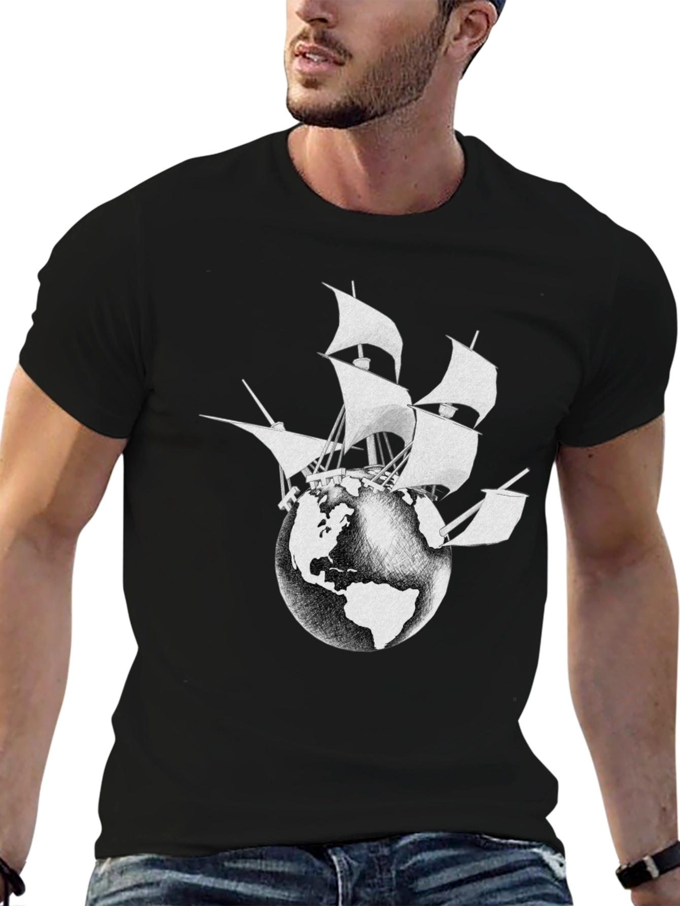 Globe Ship Graphic Tee - Black Cotton Casual Shirt