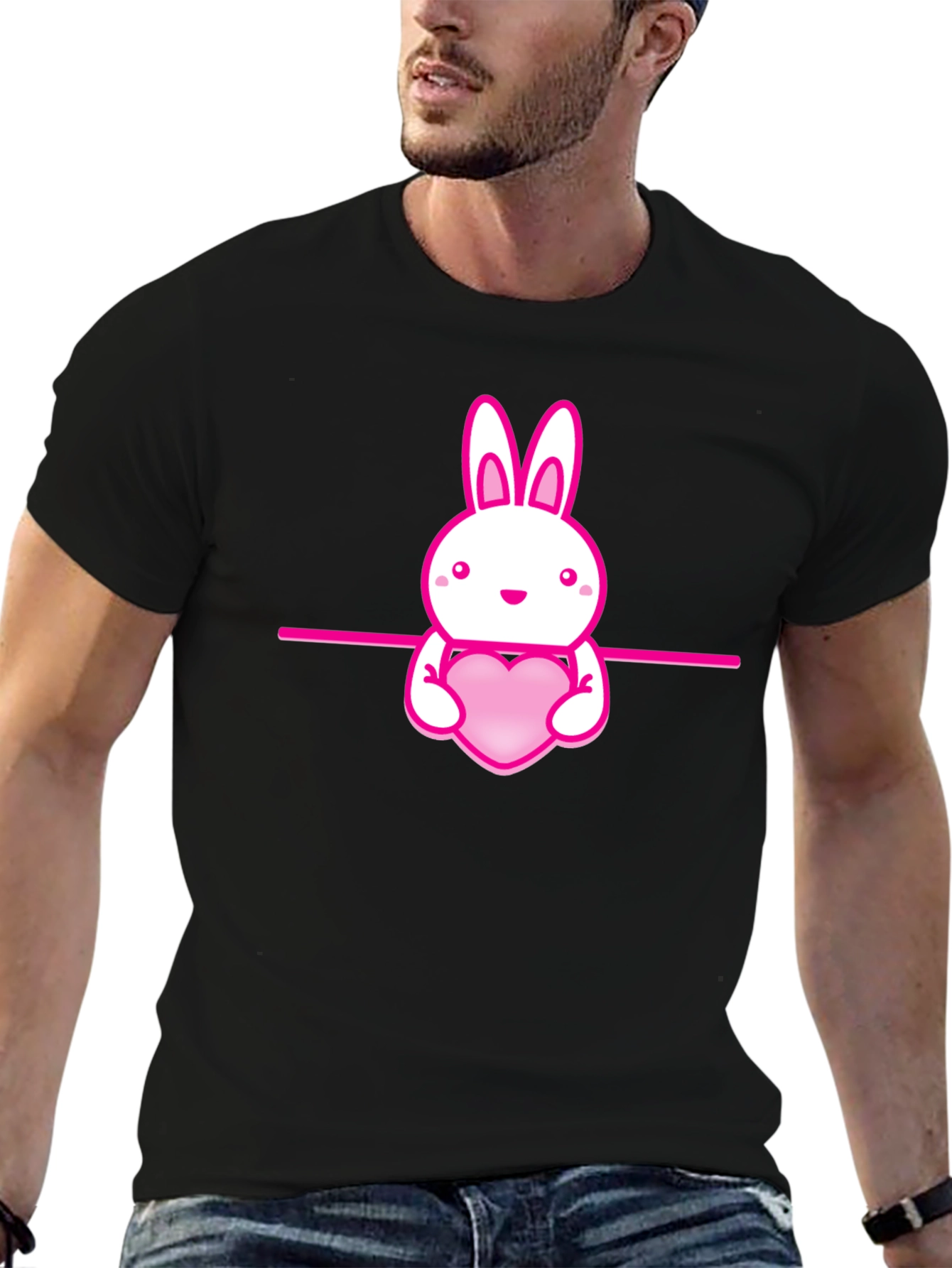 Cute Bunny Holding Heart Black T-Shirt