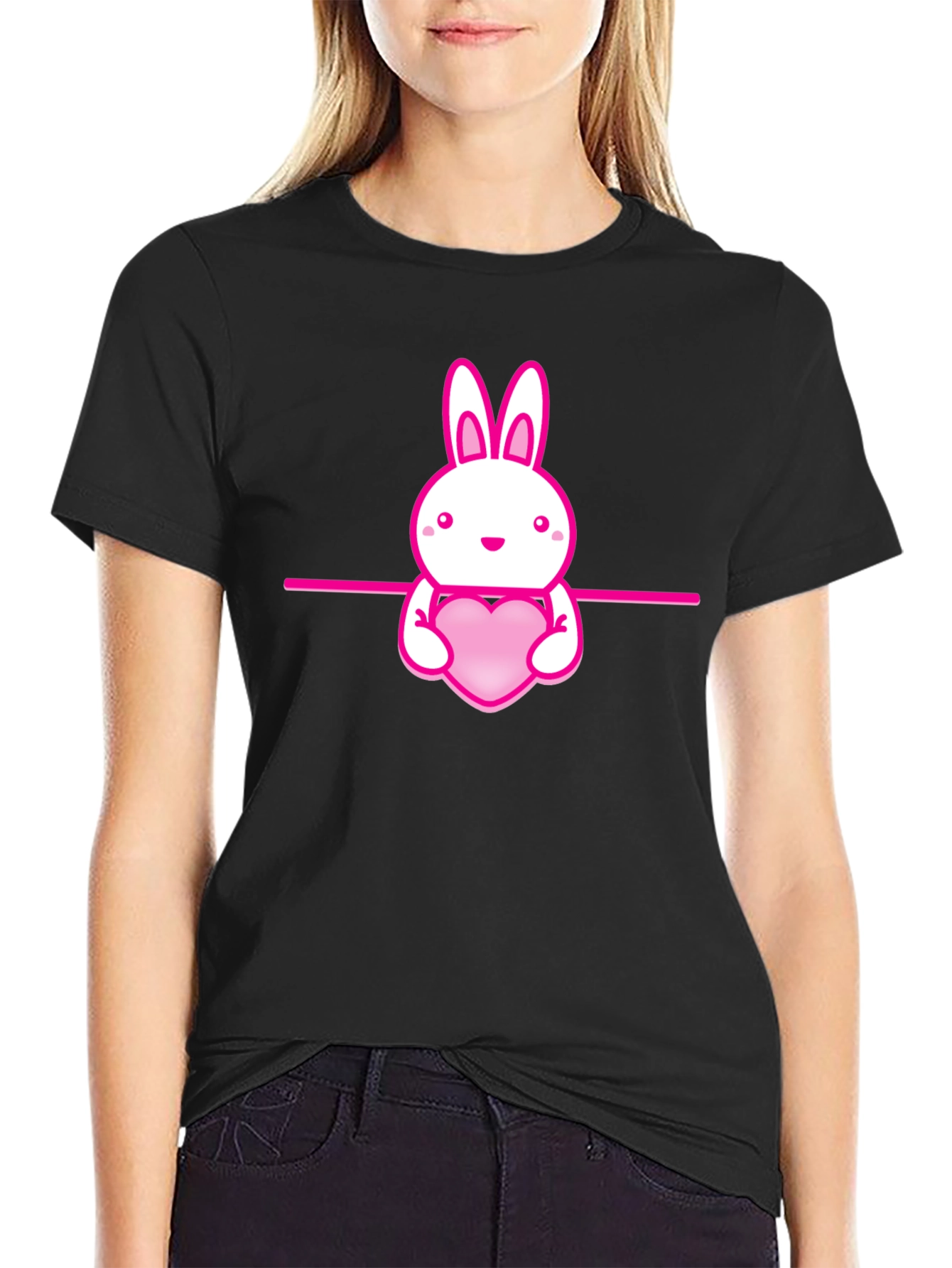 Cute Bunny Holding Heart Black T-Shirt