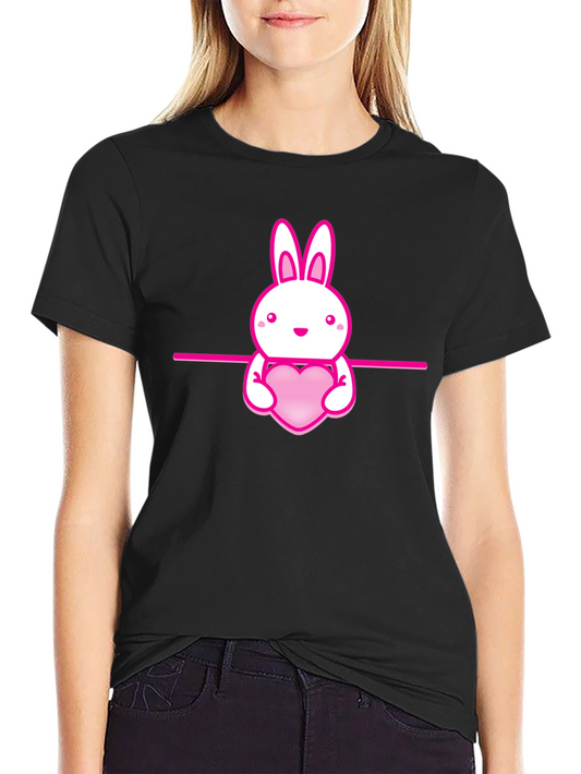 Cute Bunny Holding Heart Black T-Shirt