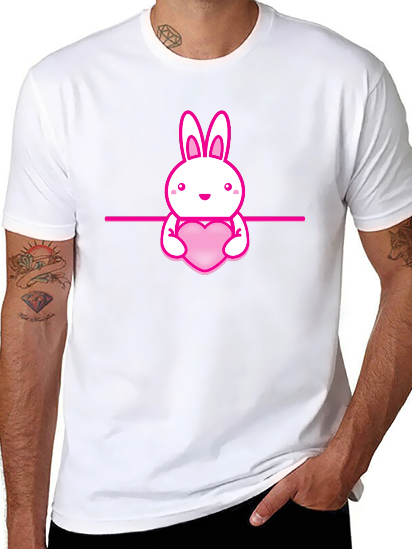 Cute Bunny Holding Heart Black T-Shirt