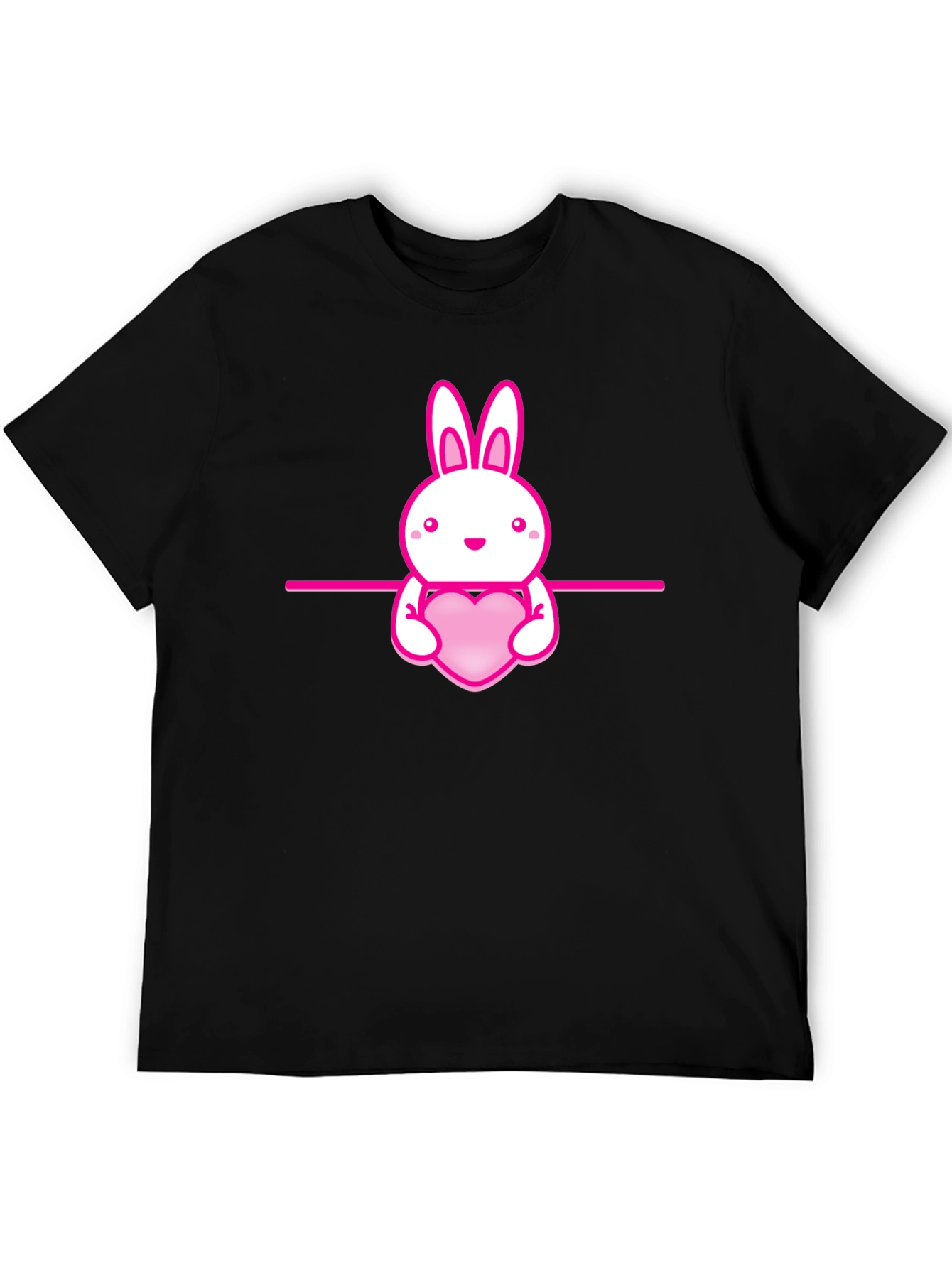 Cute Bunny Holding Heart Black T-Shirt
