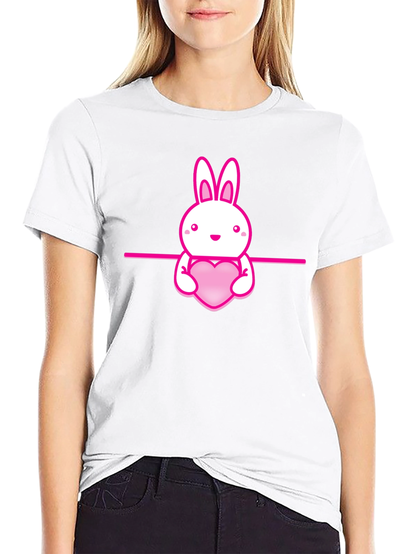 Cute Bunny Holding Heart Black T-Shirt