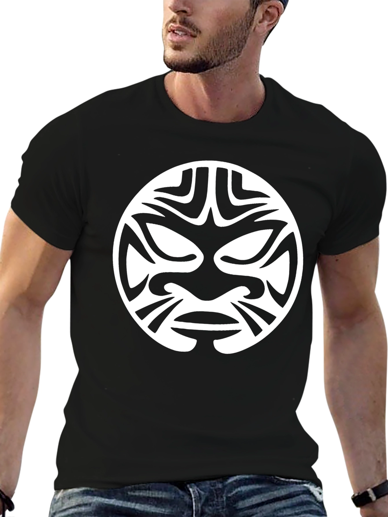 Tribal Mask Graphic Tee - Black Cotton T-Shirt