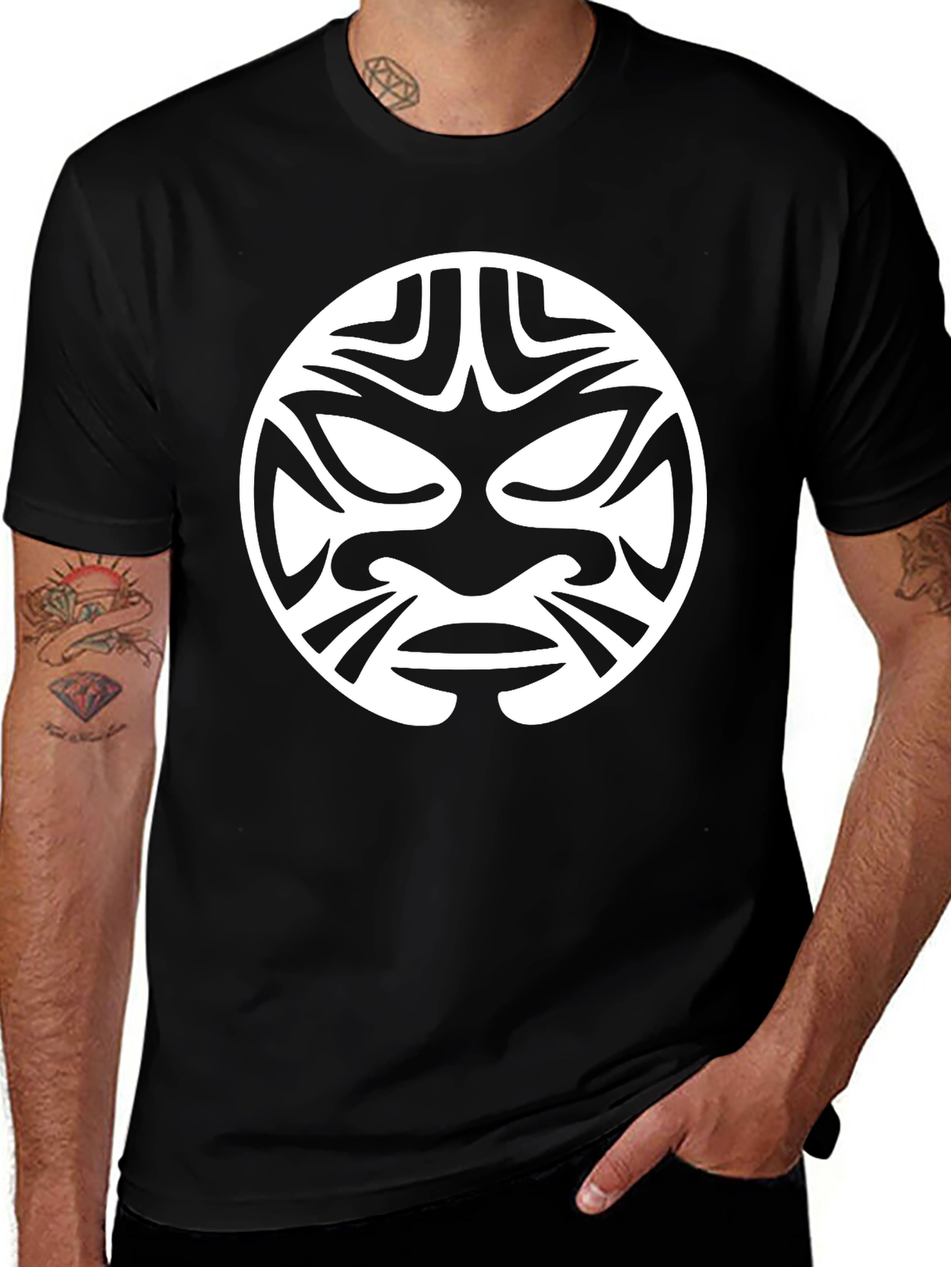 Tribal Mask Graphic Tee - Black Cotton T-Shirt