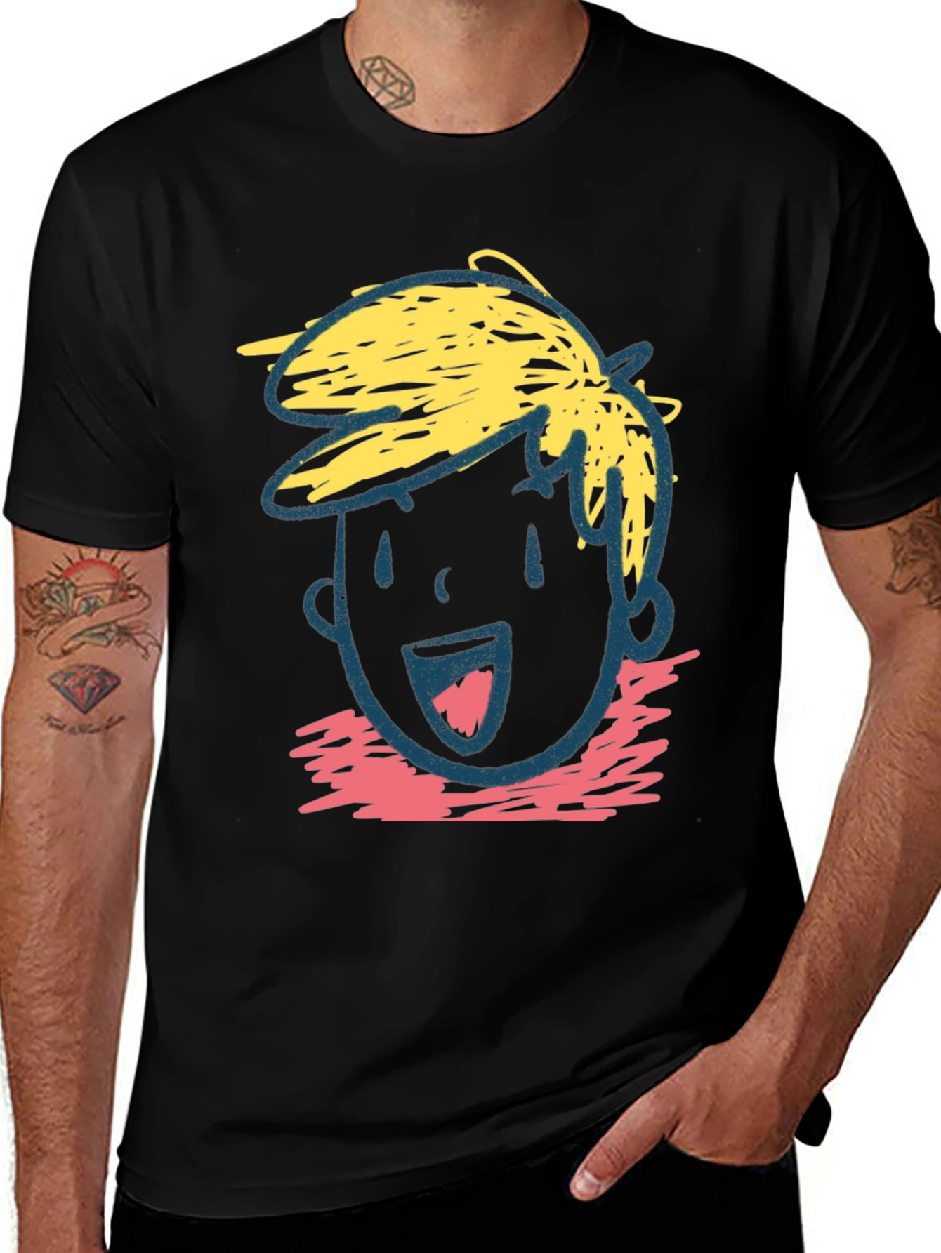 Cartoon Face Graphic Tee - Black Cotton Casual T-Shirt