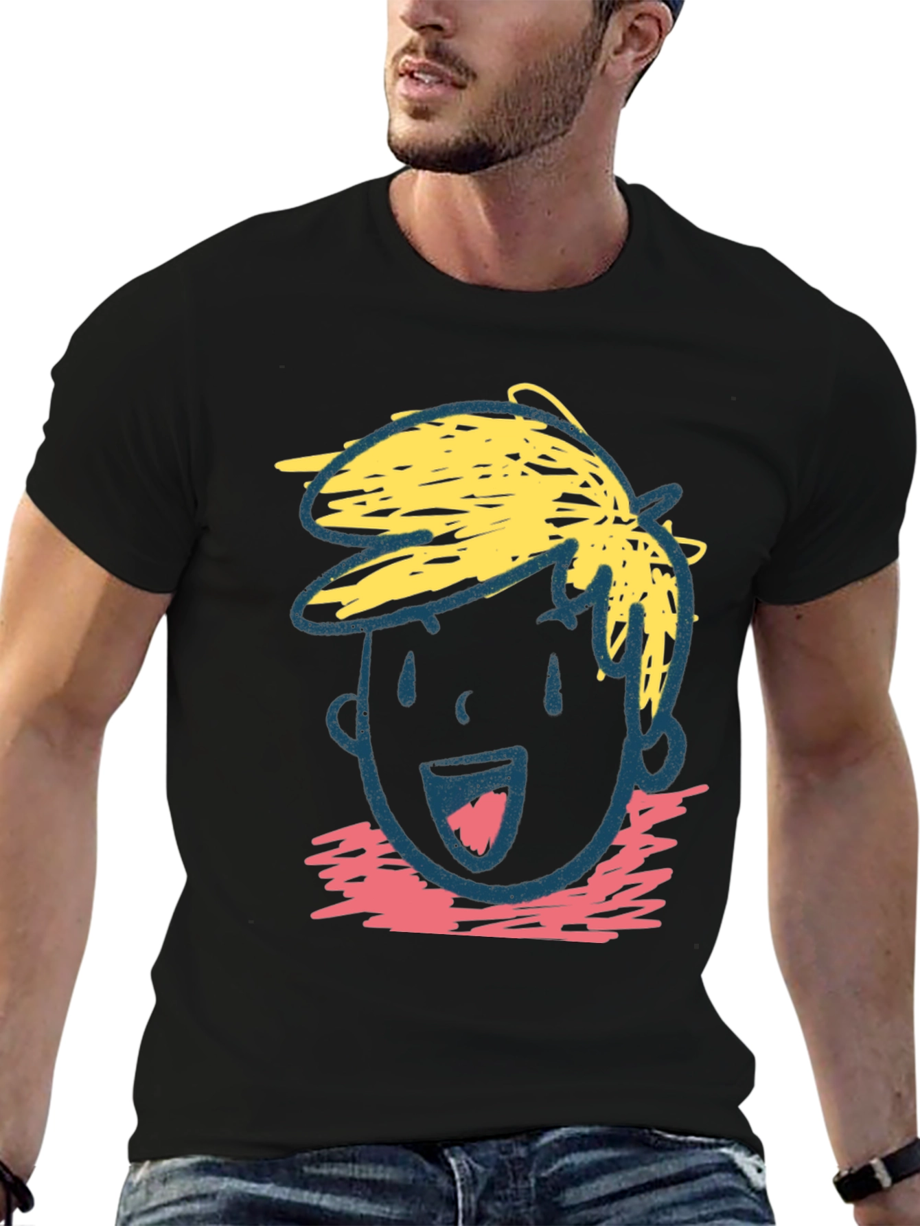 Cartoon Face Graphic Tee - Black Cotton Casual T-Shirt