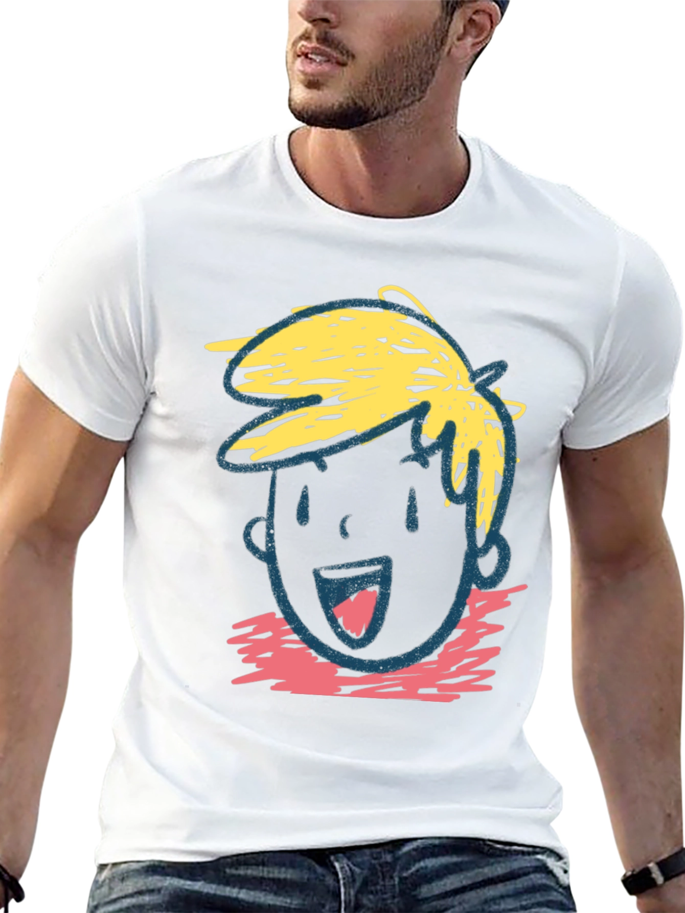 Cartoon Face Graphic Tee - Black Cotton Casual T-Shirt
