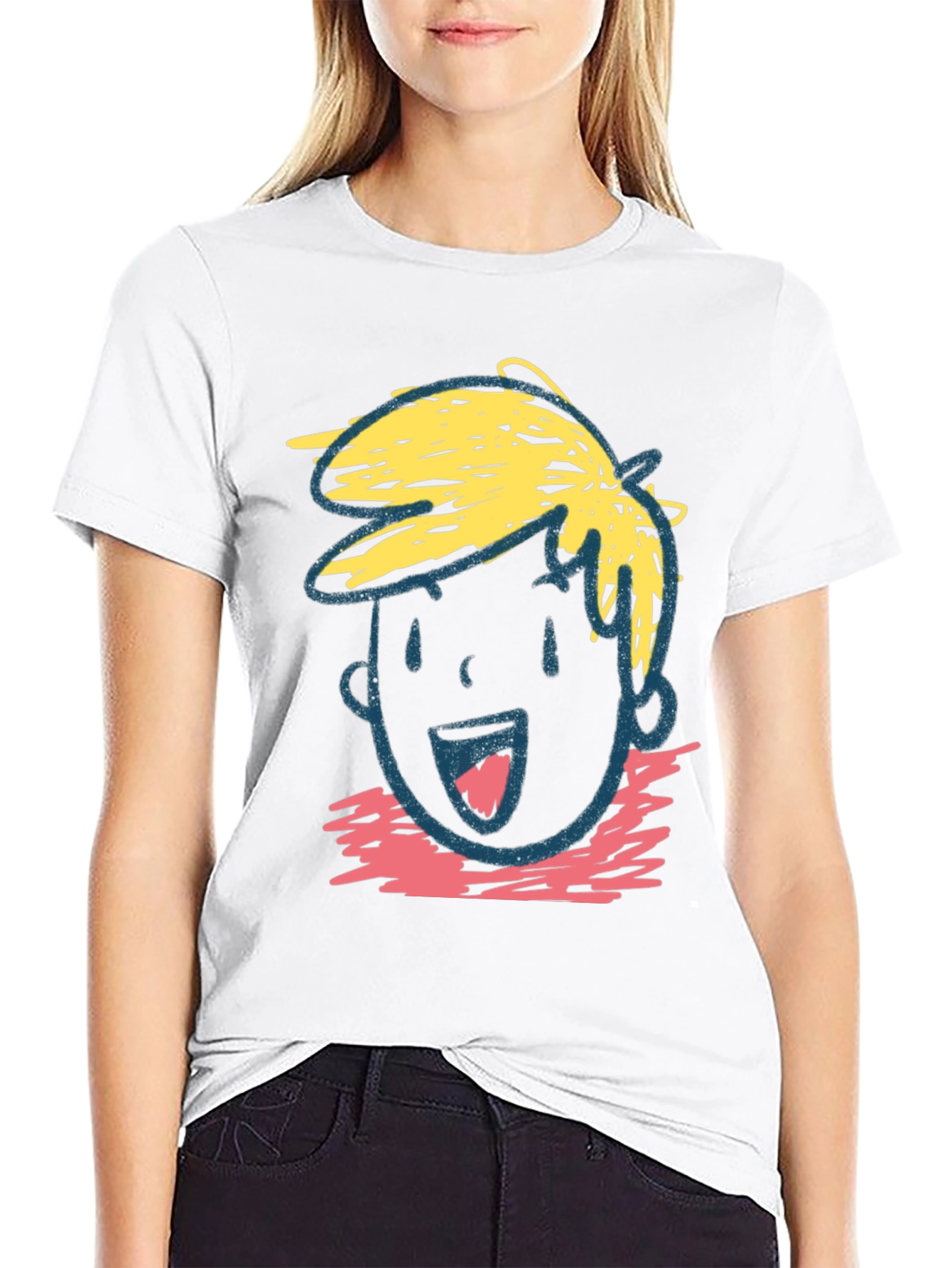 Cartoon Face Graphic Tee - Black Cotton Casual T-Shirt
