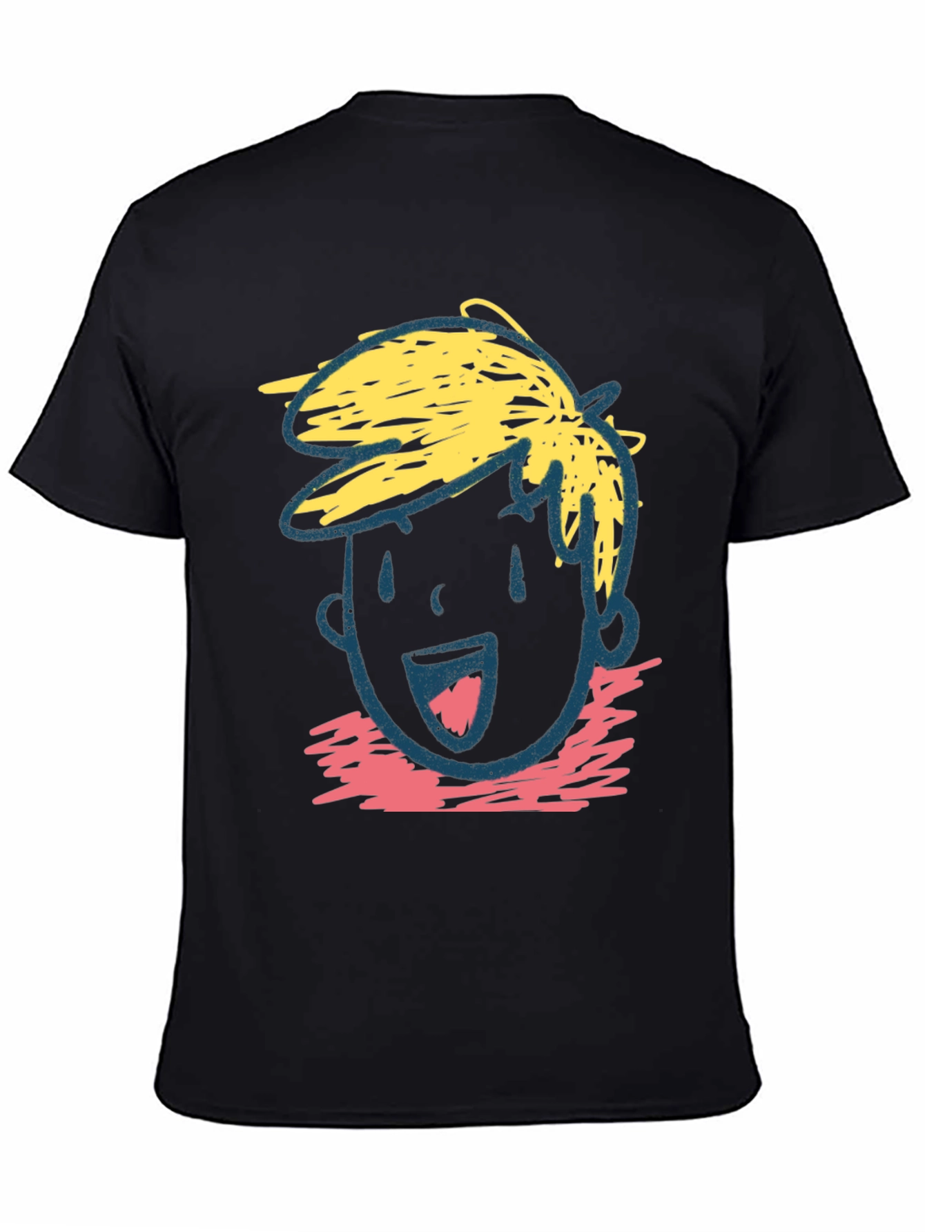 Cartoon Face Graphic Tee - Black Cotton Casual T-Shirt