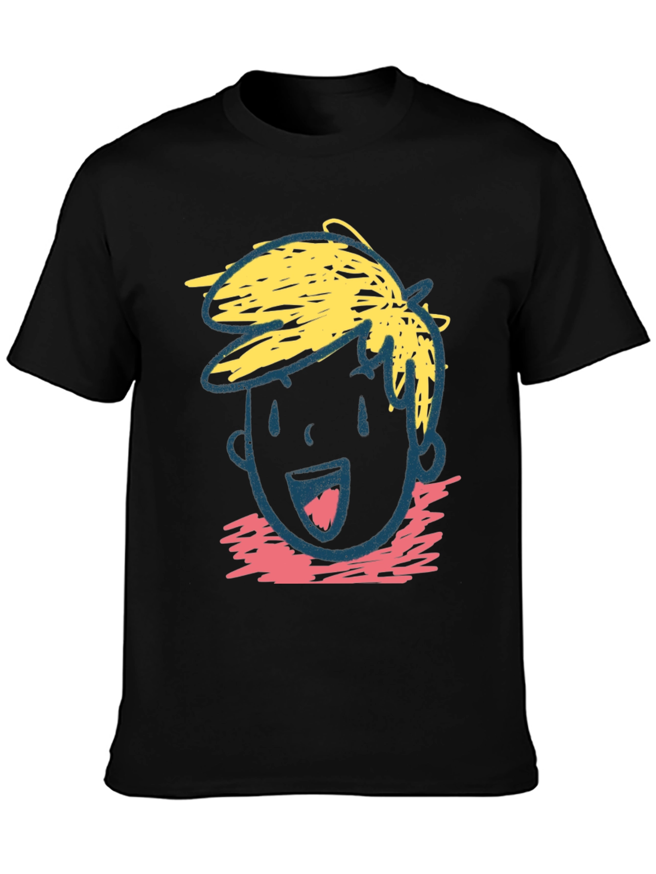 Cartoon Face Graphic Tee - Black Cotton Casual T-Shirt