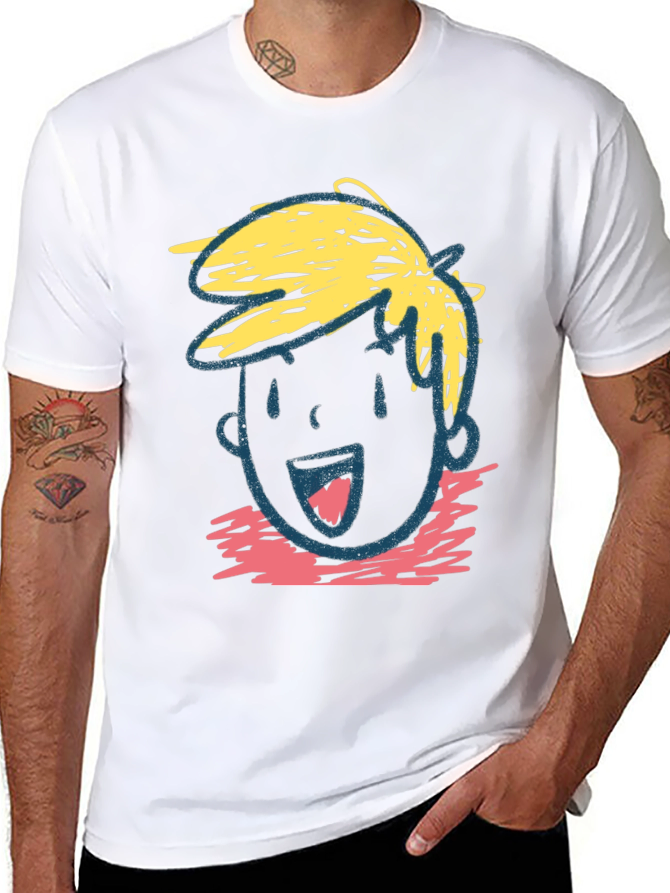 Cartoon Face Graphic Tee - Black Cotton Casual T-Shirt