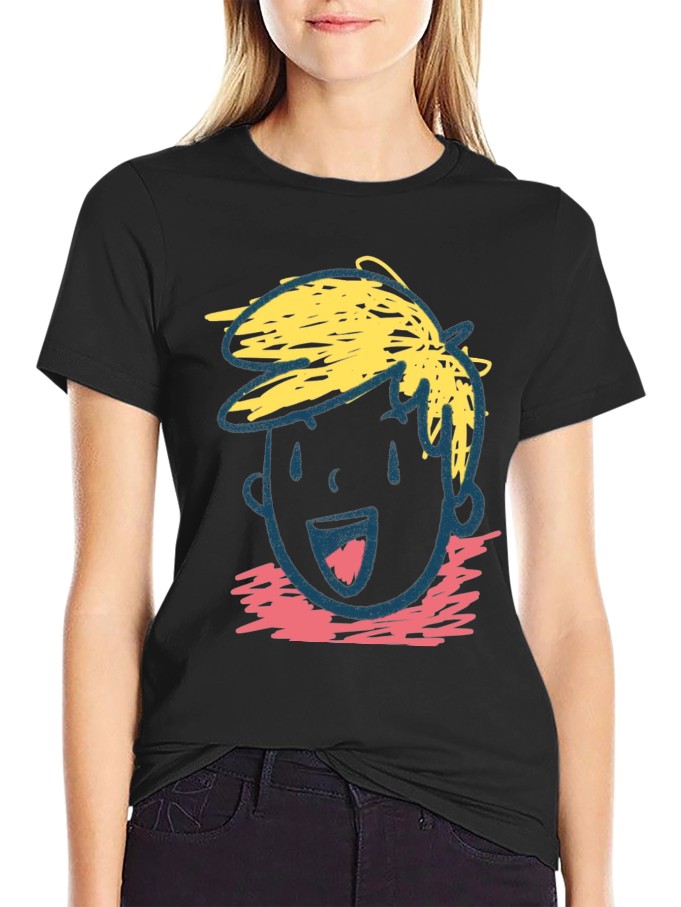 Cartoon Face Graphic Tee - Black Cotton Casual T-Shirt