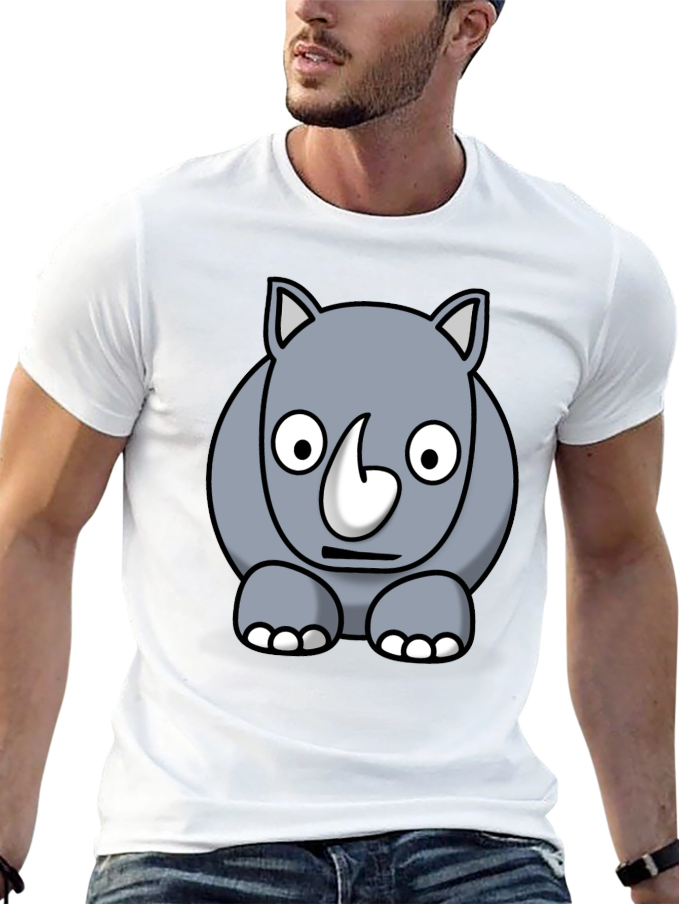 Cartoon Rhino Graphic Tee - Black Cotton T-Shirt