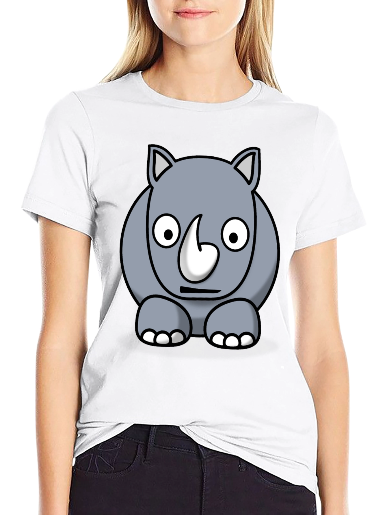 Cartoon Rhino Graphic Tee - Black Cotton T-Shirt