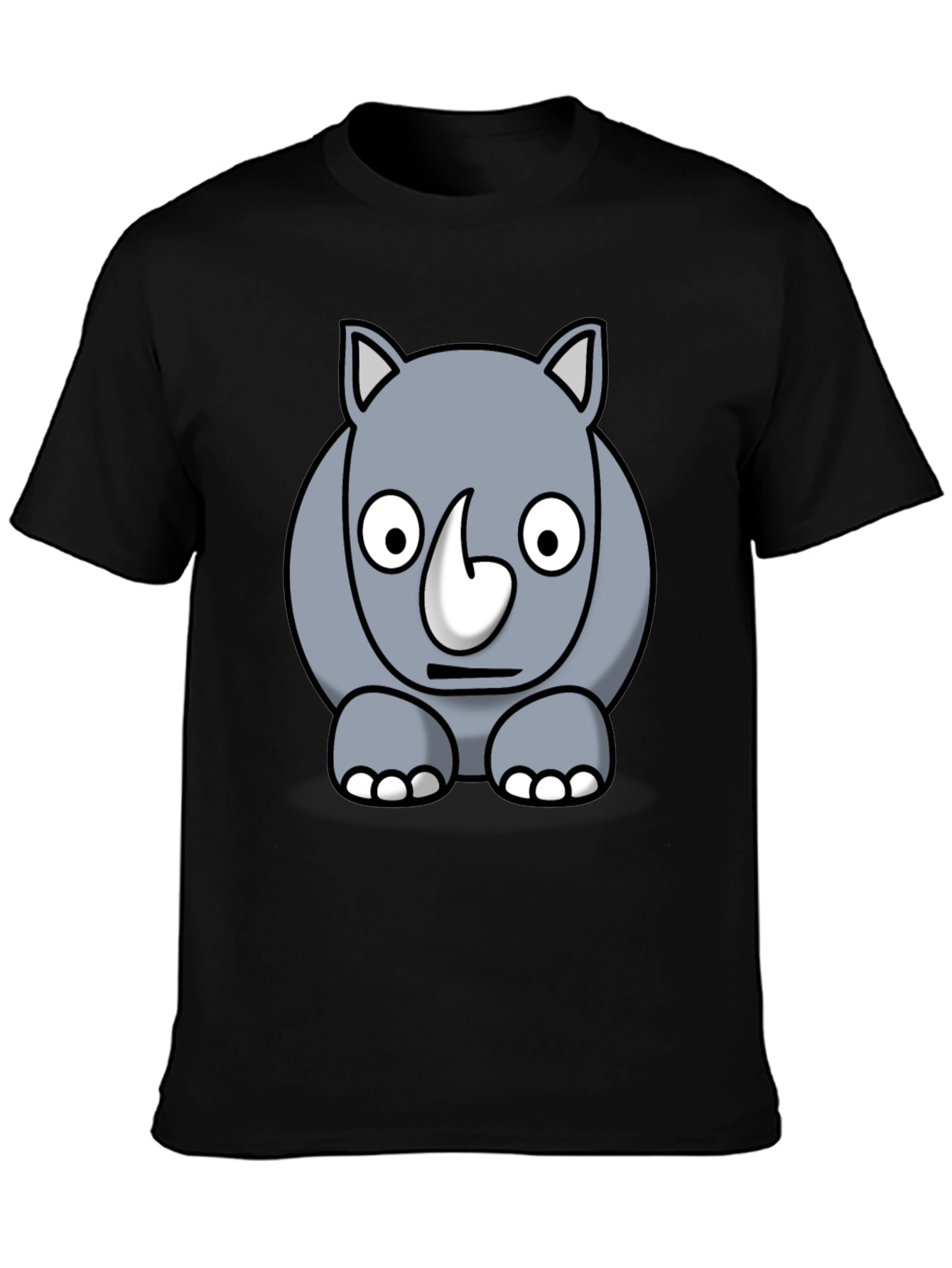 Cartoon Rhino Graphic Tee - Black Cotton T-Shirt