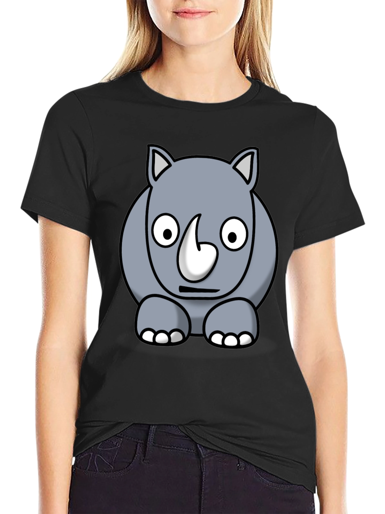 Cartoon Rhino Graphic Tee - Black Cotton T-Shirt