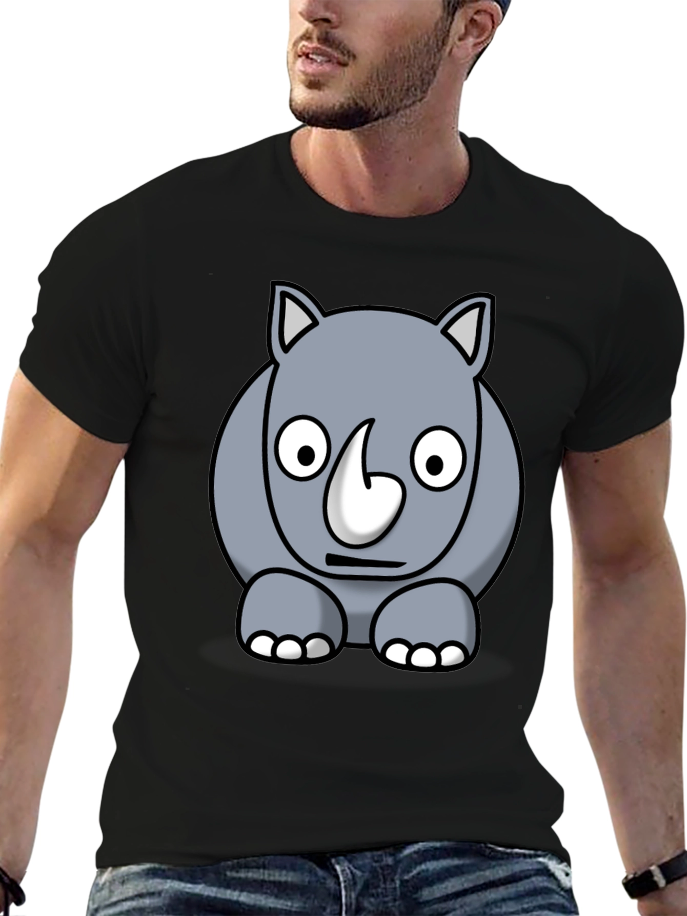 Cartoon Rhino Graphic Tee - Black Cotton T-Shirt