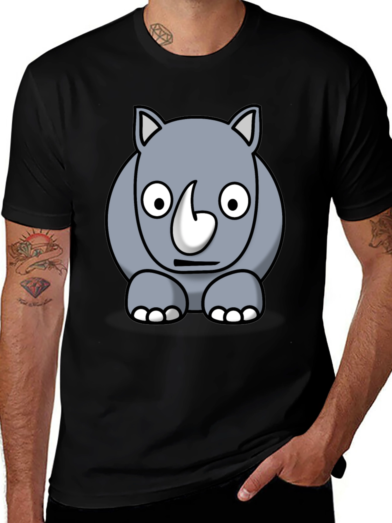 Cartoon Rhino Graphic Tee - Black Cotton T-Shirt