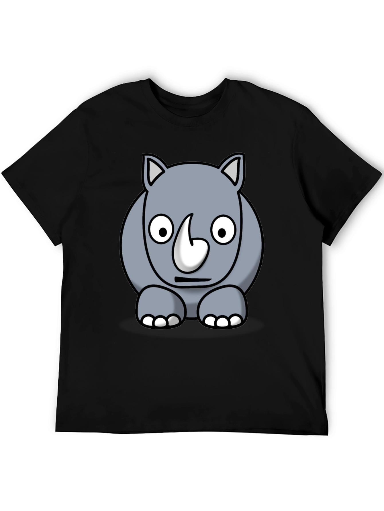 Cartoon Rhino Graphic Tee - Black Cotton T-Shirt