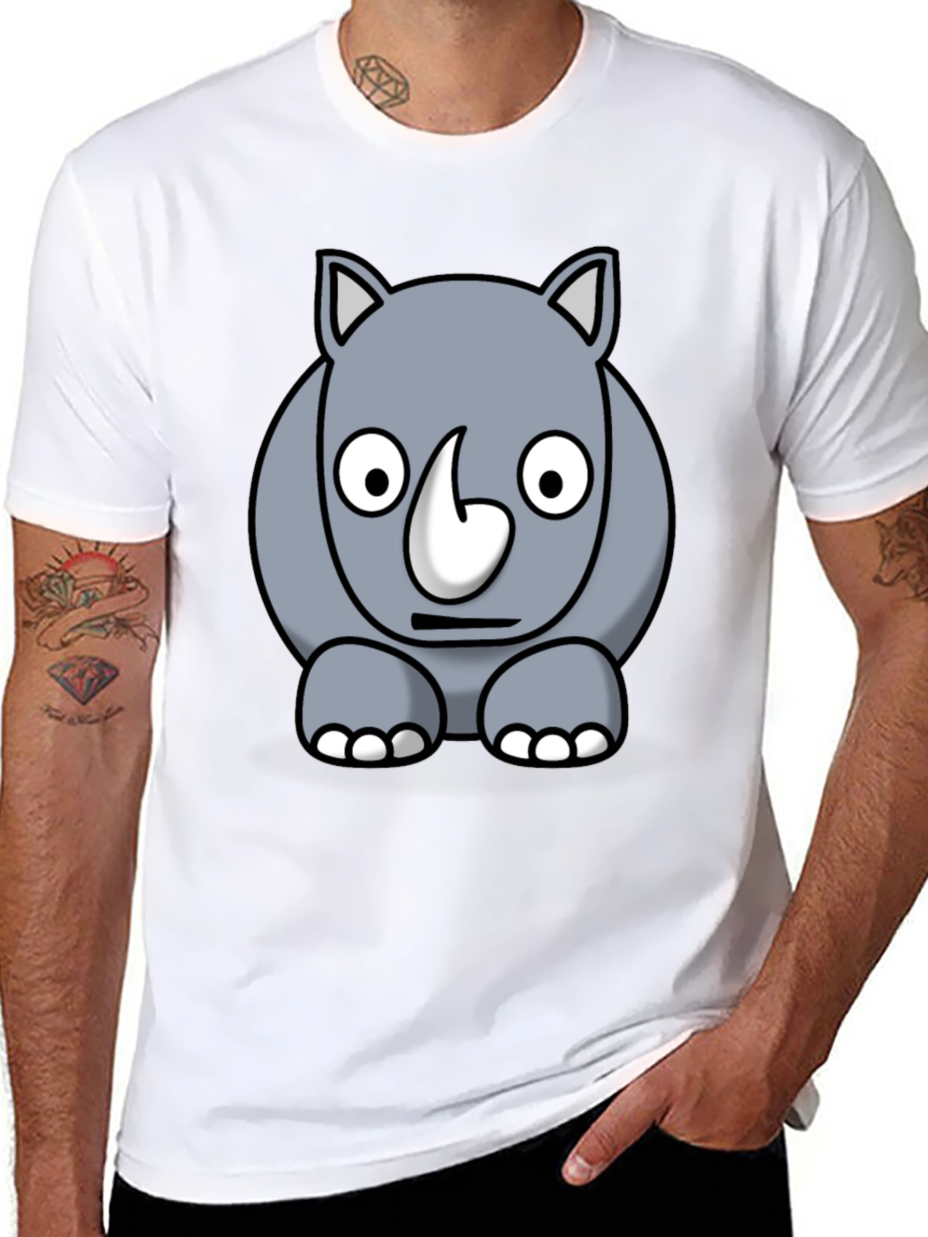 Cartoon Rhino Graphic Tee - Black Cotton T-Shirt