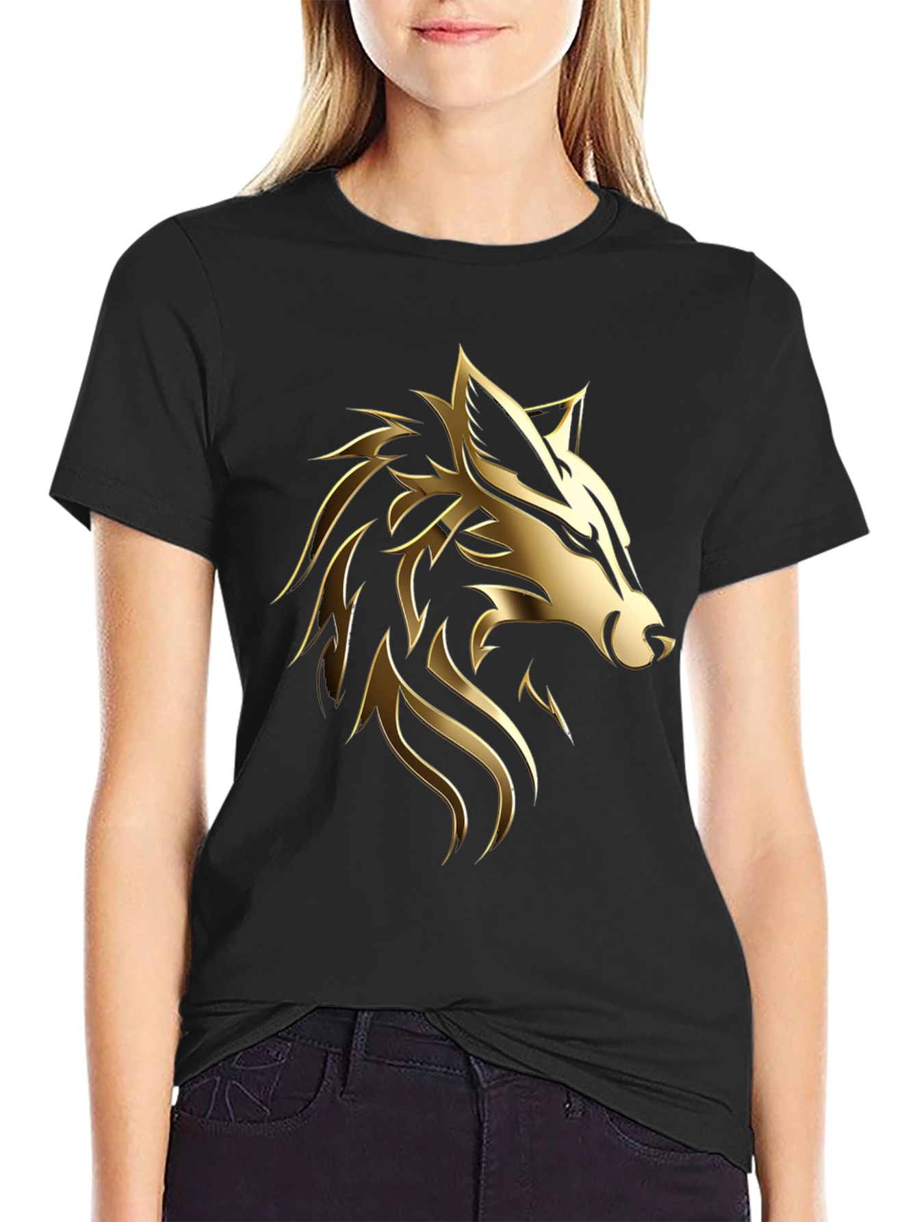 Bold Golden Wolf Graphic Black T-Shirt