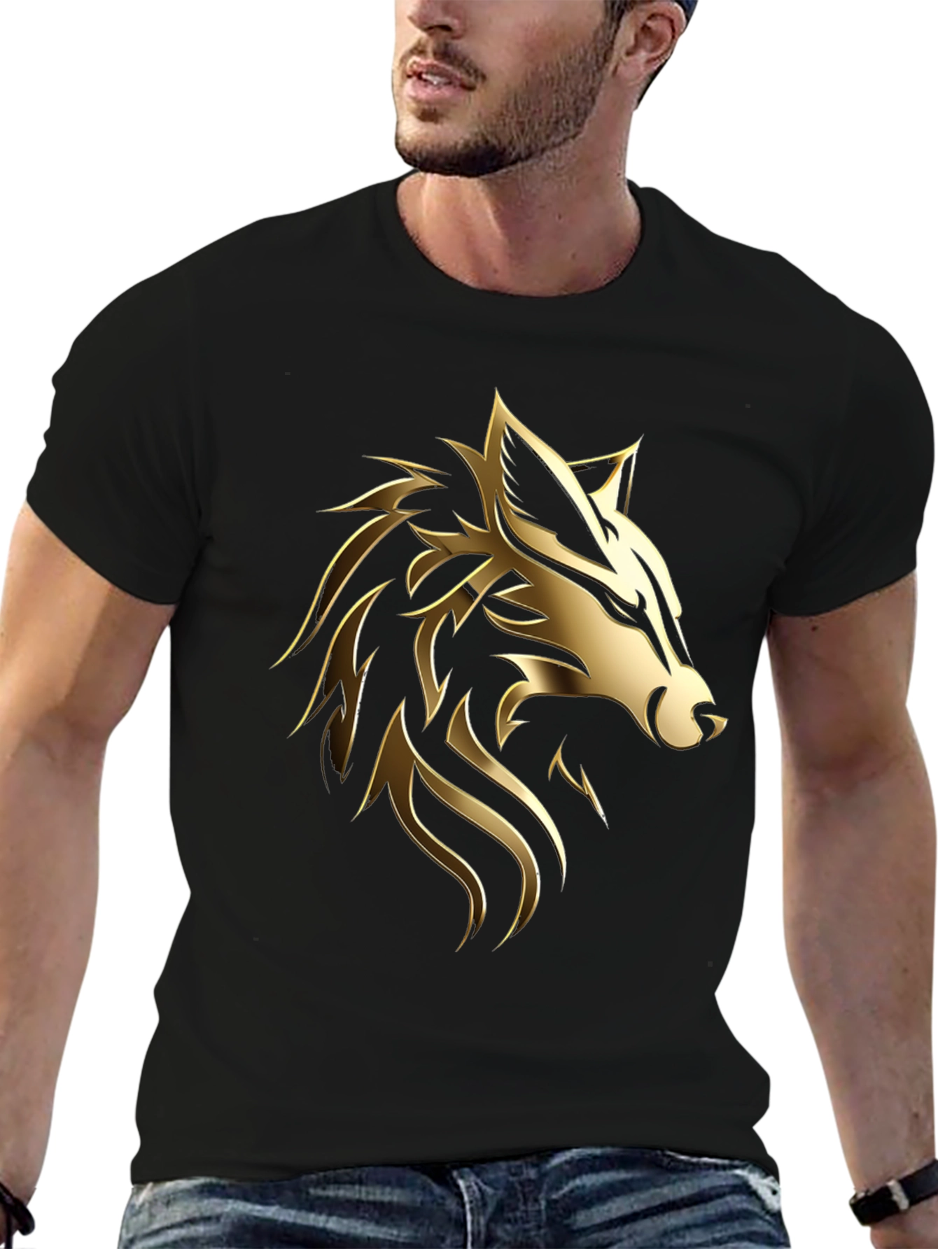Bold Golden Wolf Graphic Black T-Shirt