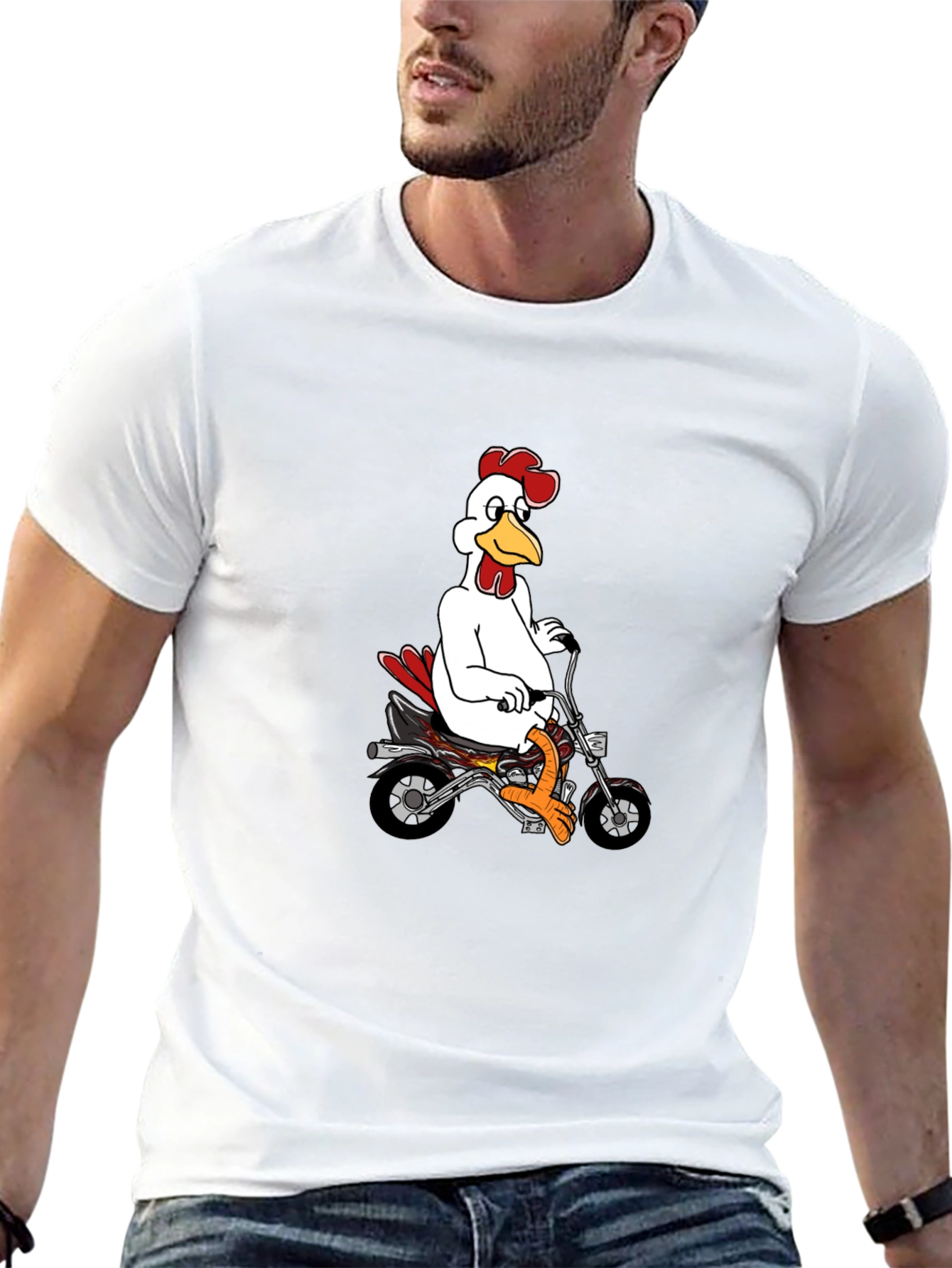 Mens Black T-Shirt with Chicken on Motorcycle Graphic