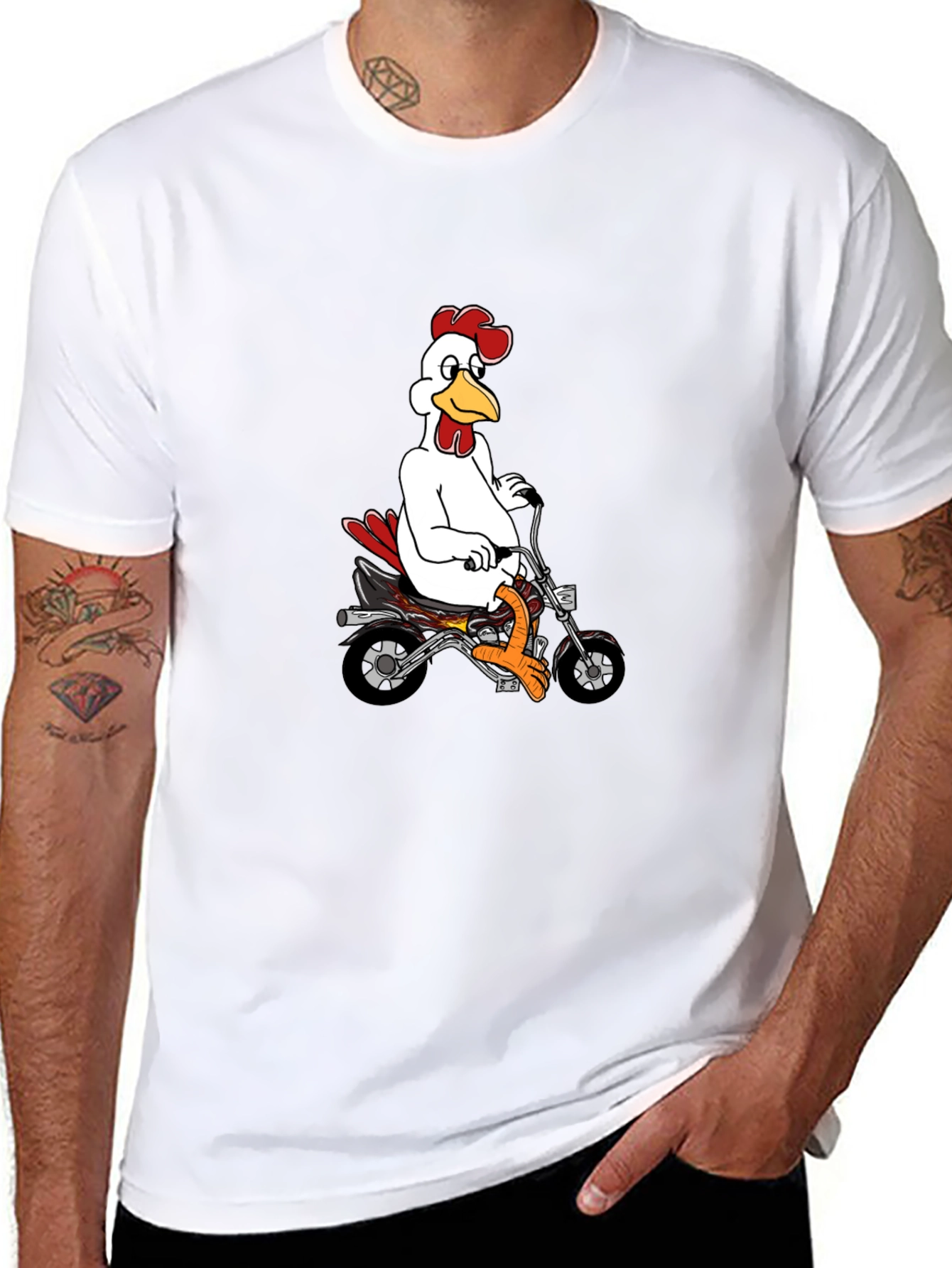 Mens Black T-Shirt with Chicken on Motorcycle Graphic