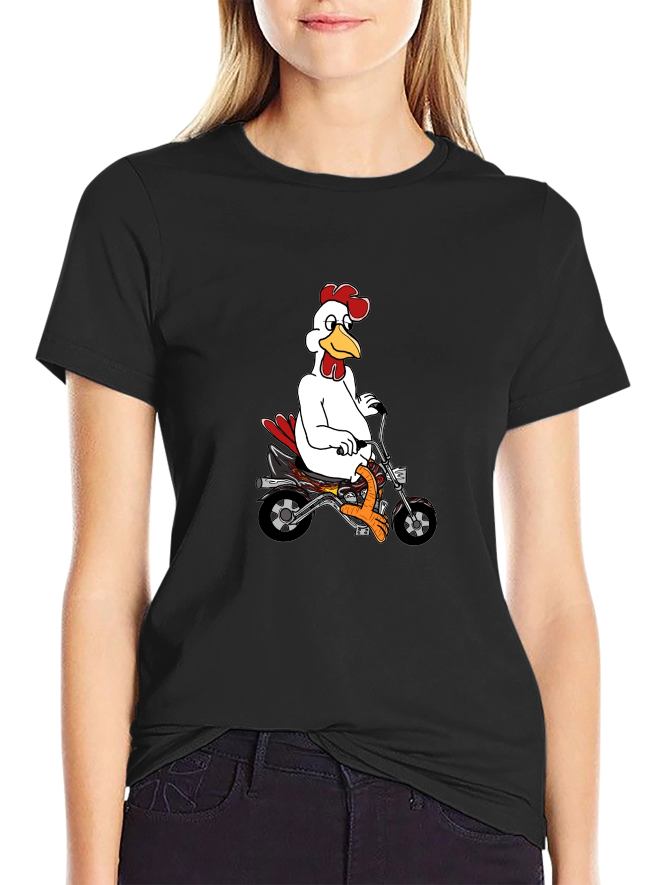 Mens Black T-Shirt with Chicken on Motorcycle Graphic