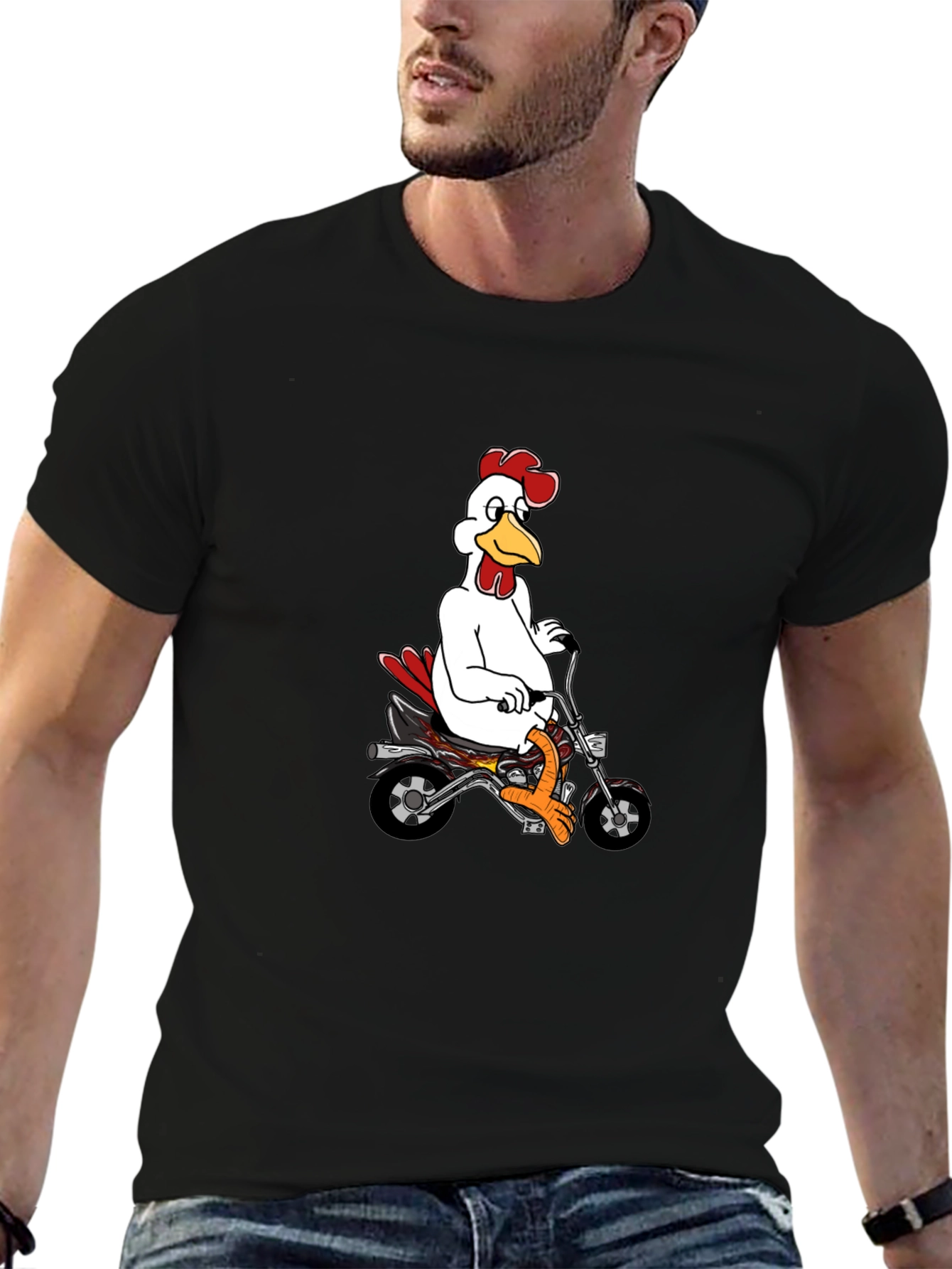Mens Black T-Shirt with Chicken on Motorcycle Graphic
