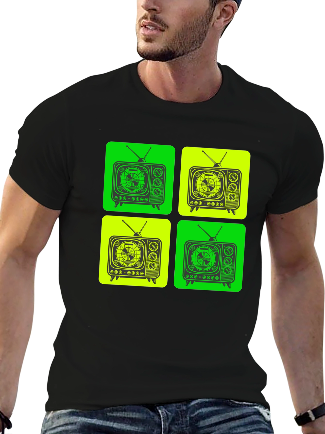 Retro TV Pattern T-Shirt - Black