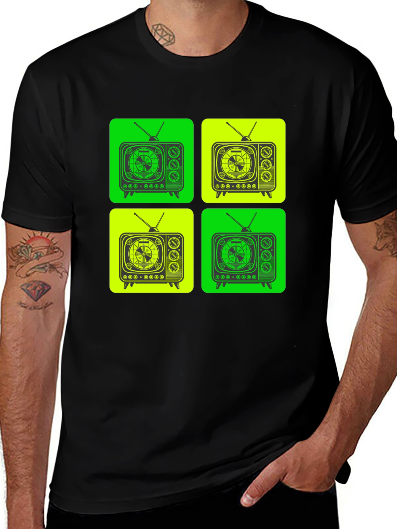 Retro TV Pattern T-Shirt - Black