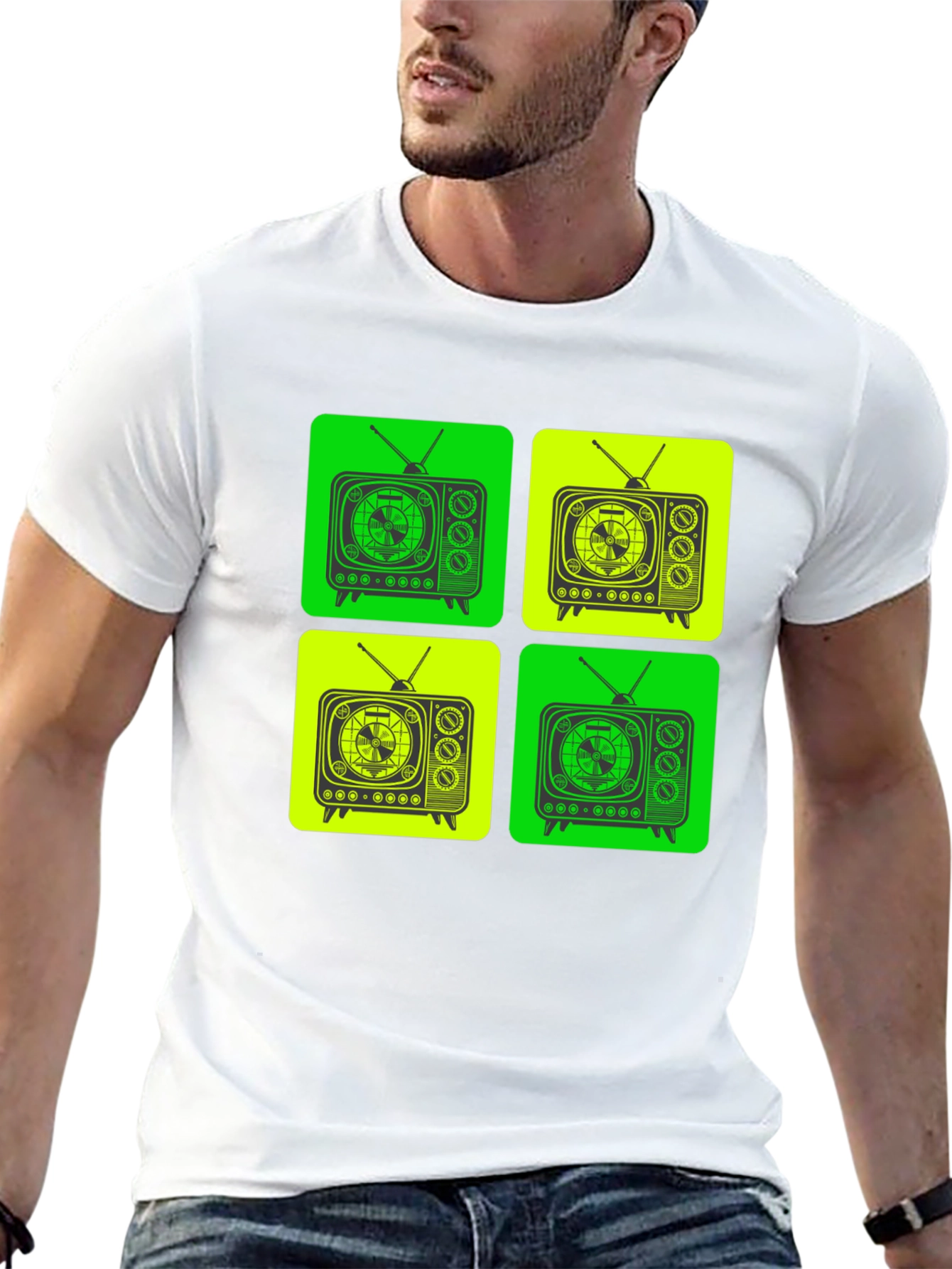 Retro TV Pattern T-Shirt - Black