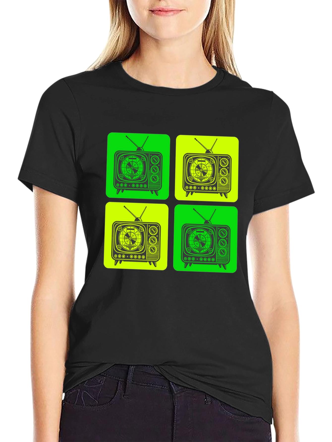 Retro TV Pattern T-Shirt - Black