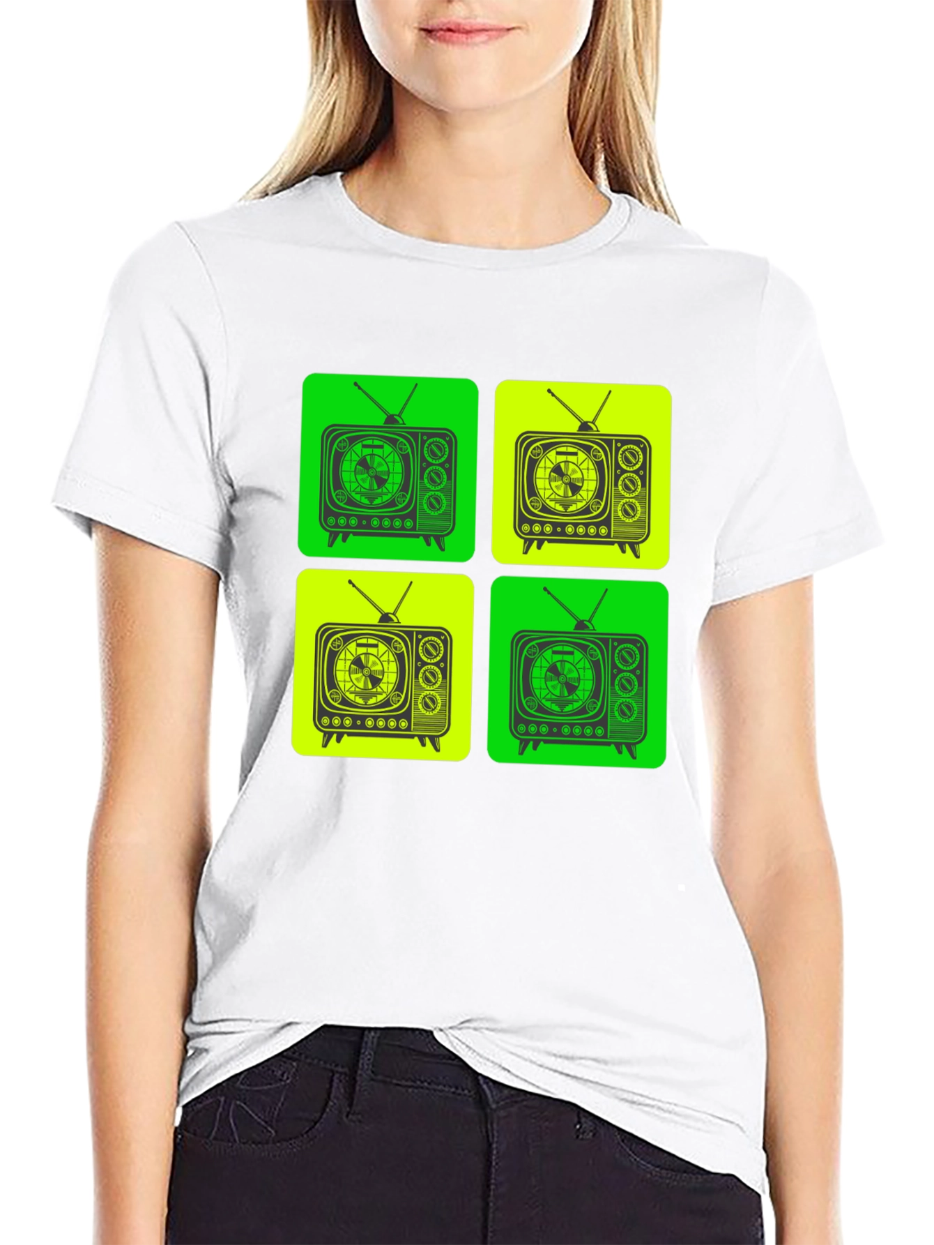 Retro TV Pattern T-Shirt - Black