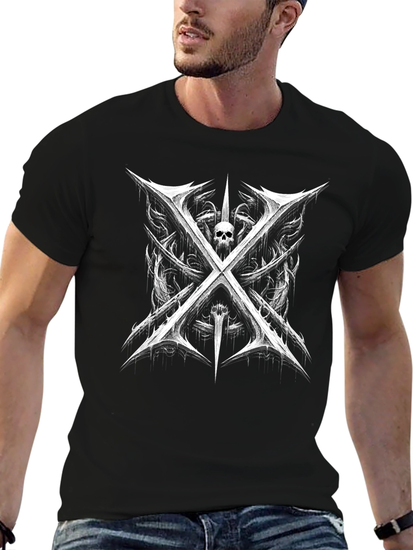 Edgy Skull & Swords Graphic Tee - Black