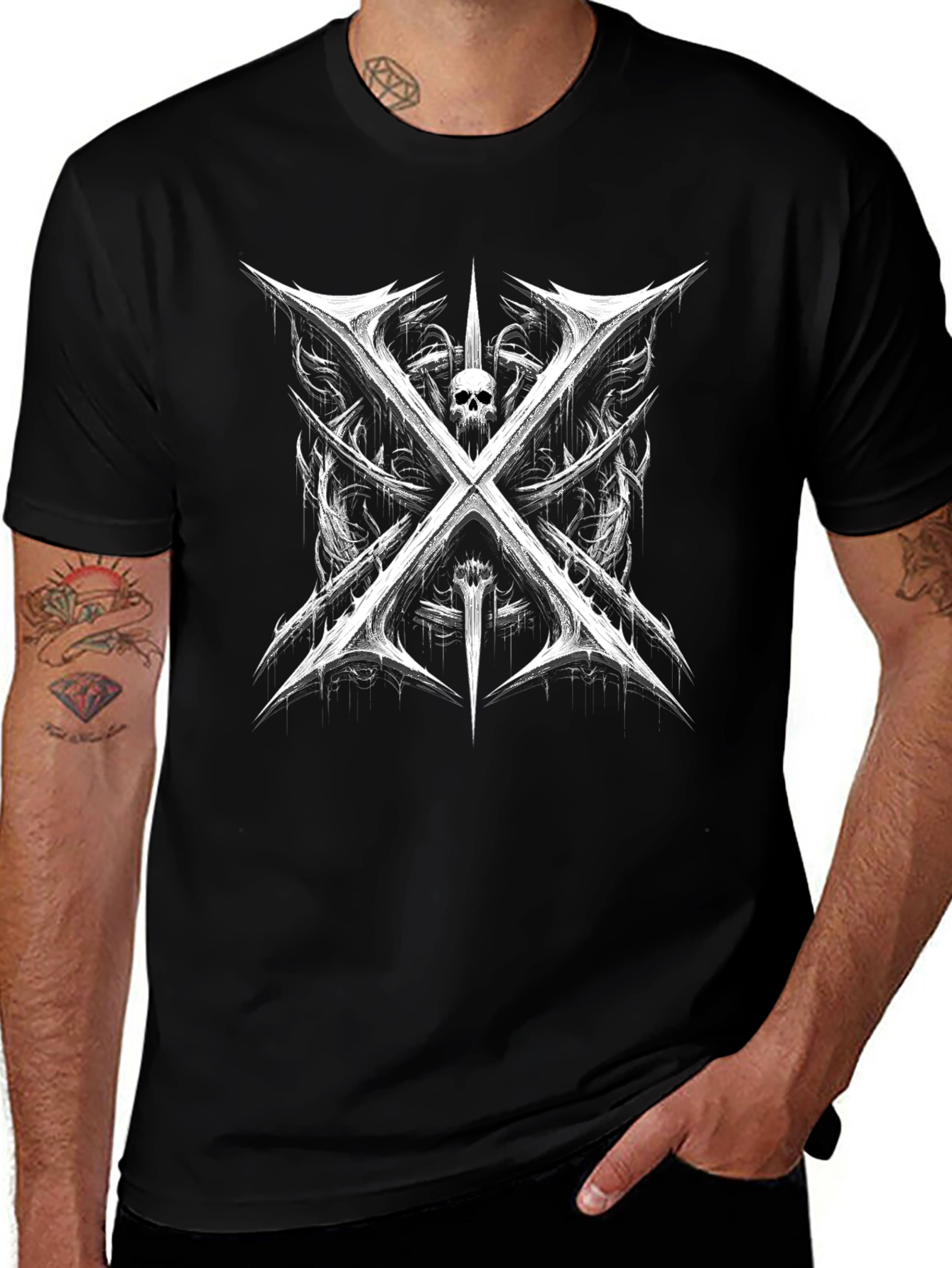 Edgy Skull & Swords Graphic Tee - Black