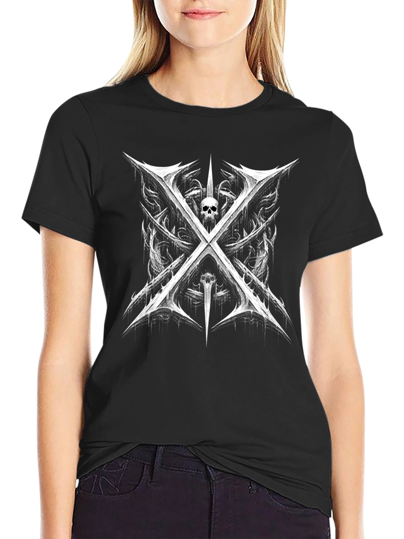 Edgy Skull & Swords Graphic Tee - Black
