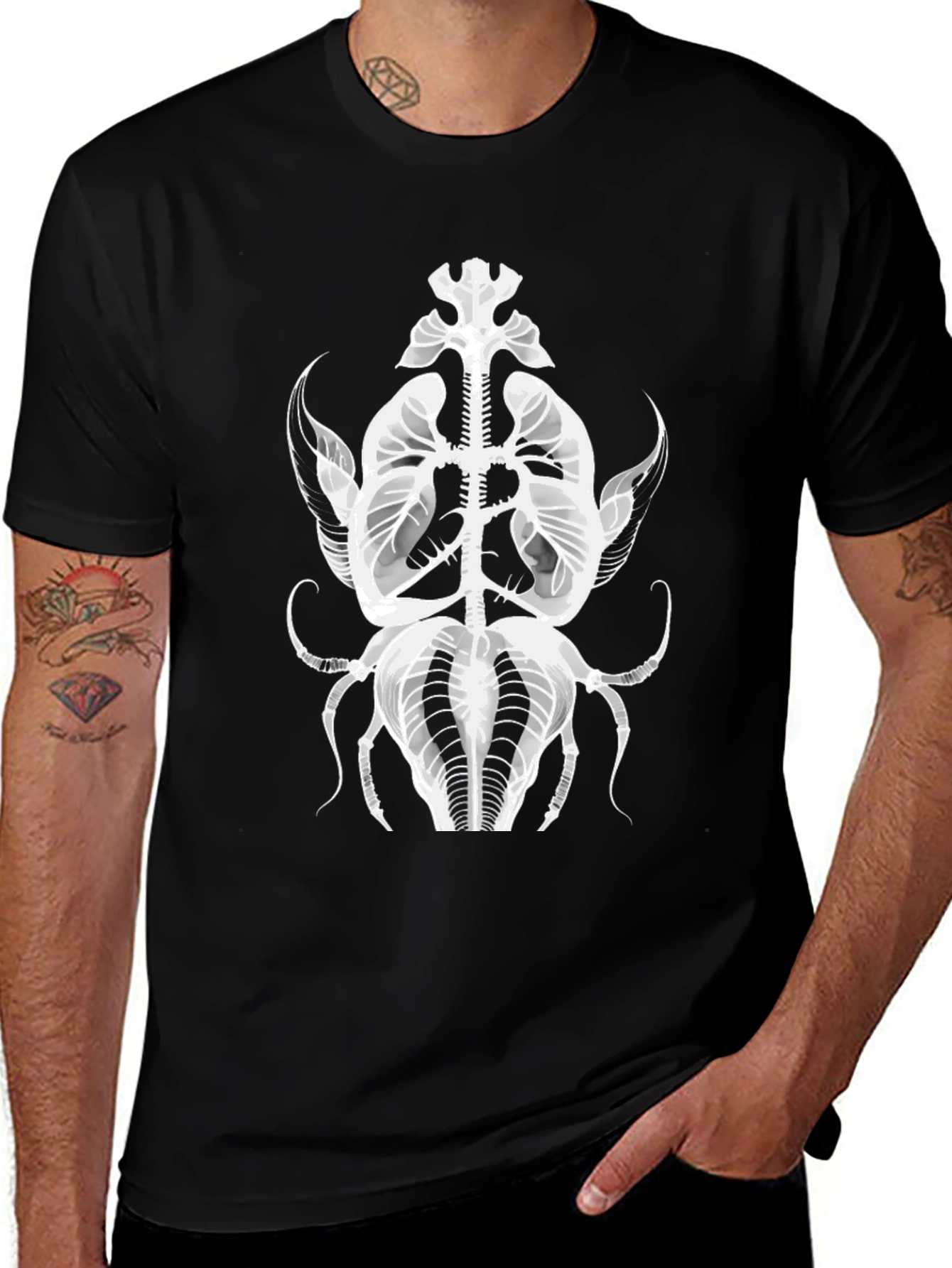 Black T-Shirt with Abstract Insect X-Ray Graphic
