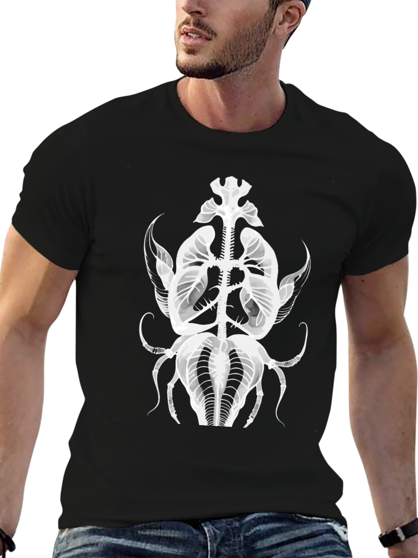 Black T-Shirt with Abstract Insect X-Ray Graphic