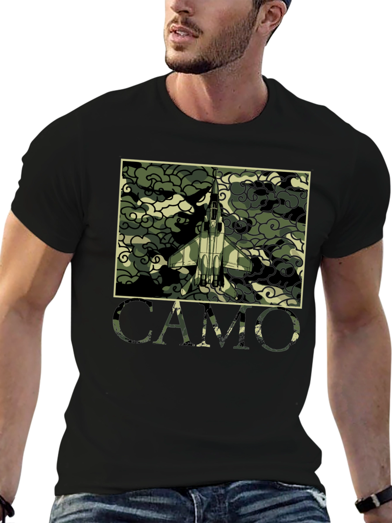 Camo Jet Fighter Graphic T-Shirt - Military Style Tee