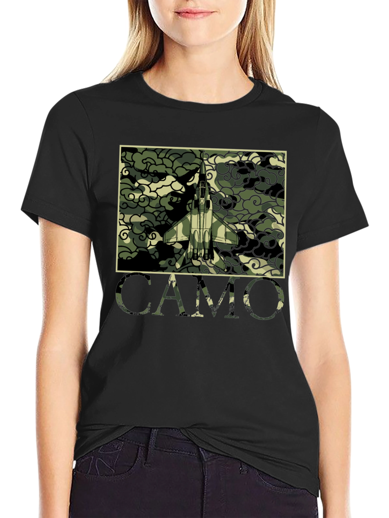 Camo Jet Fighter Graphic T-Shirt - Military Style Tee