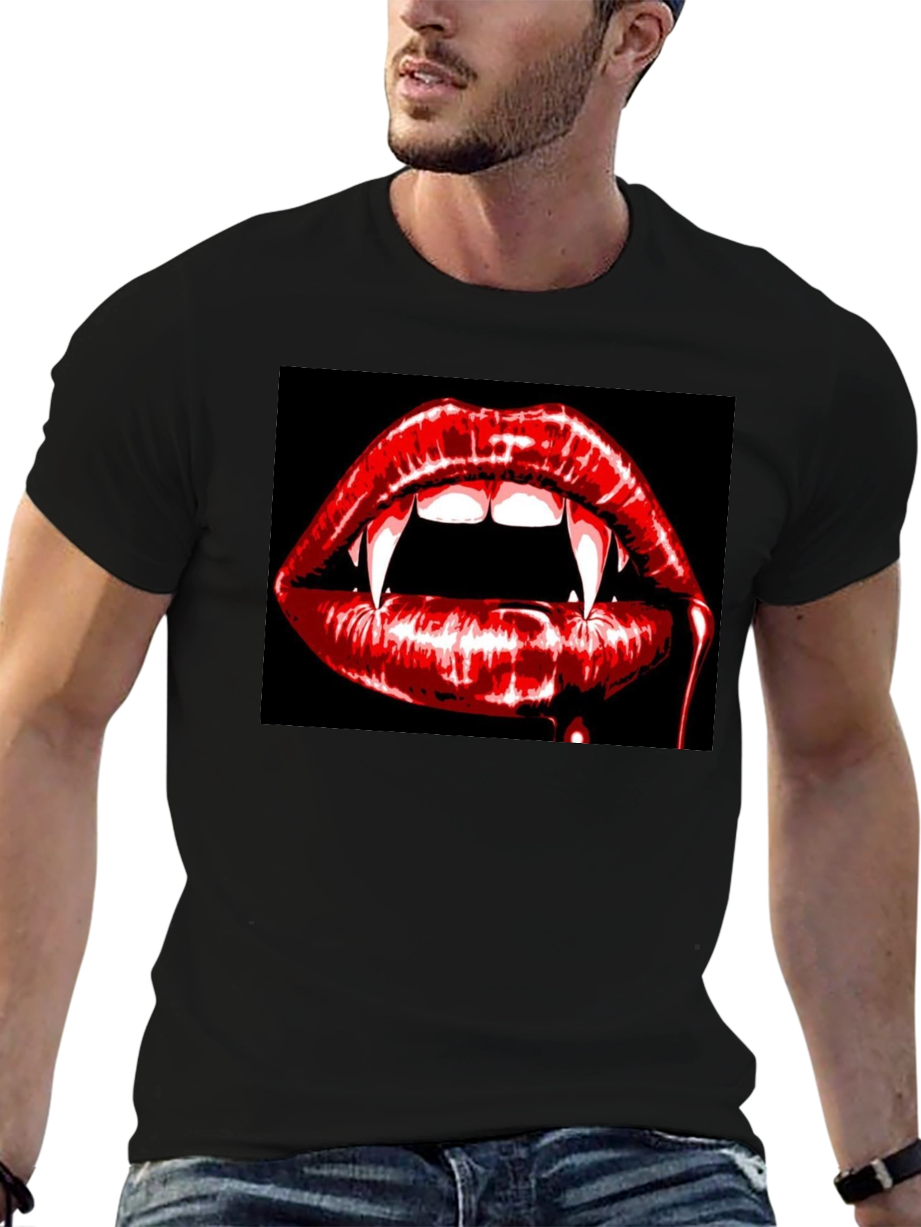 Vampire Lips Graphic Tee - Black Cotton T-Shirt