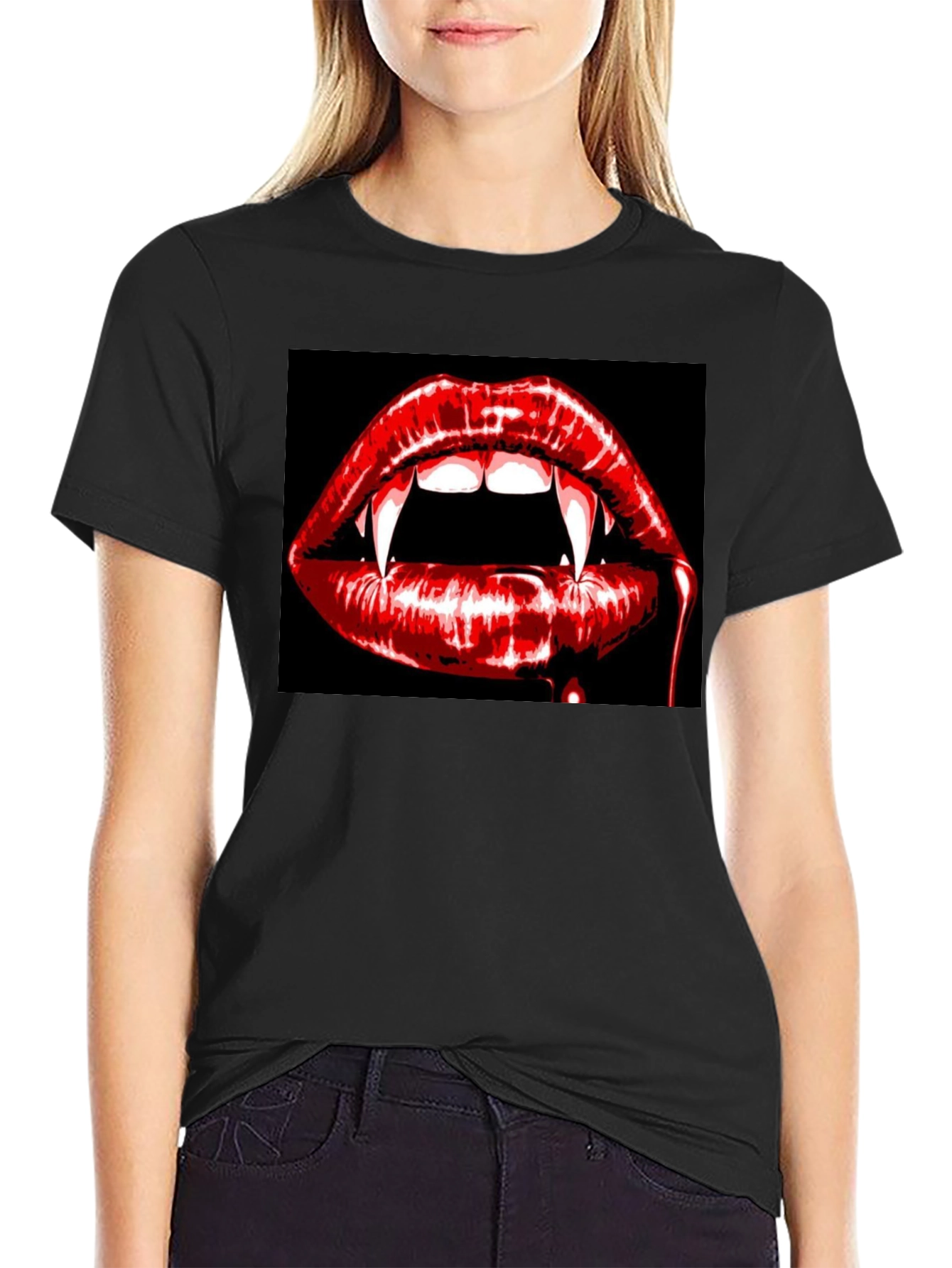 Vampire Lips Graphic Tee - Black Cotton T-Shirt