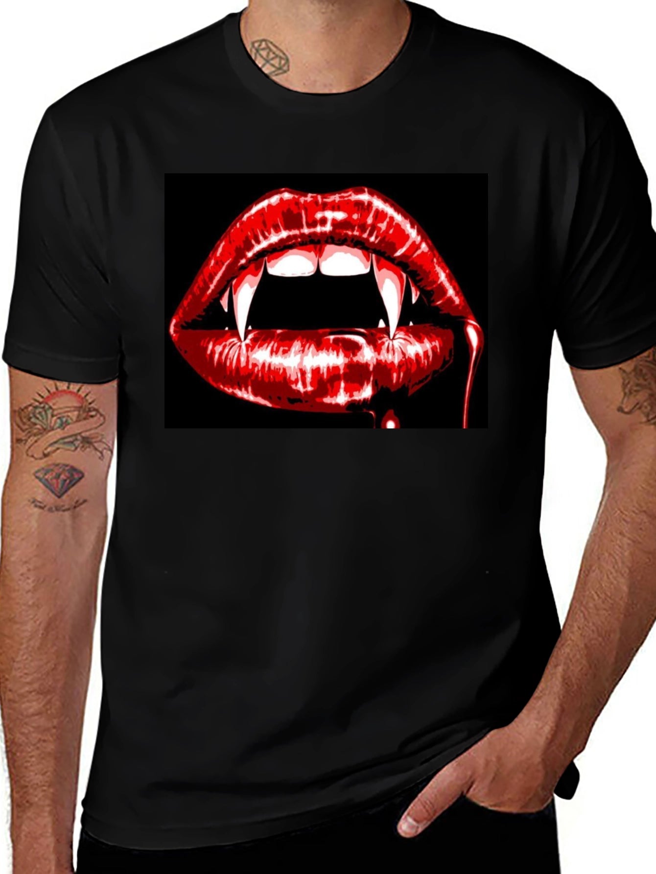 Vampire Lips Graphic Tee - Black Cotton T-Shirt