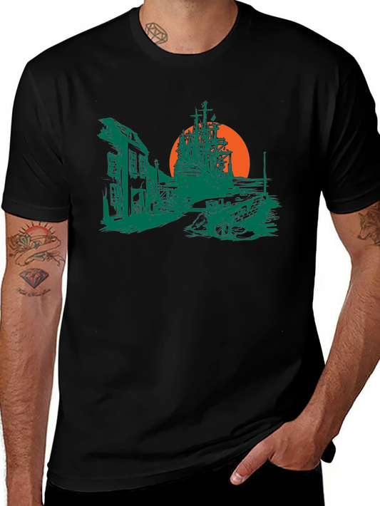 Pirate Ship Graphic T-Shirt - Black Cotton Tee